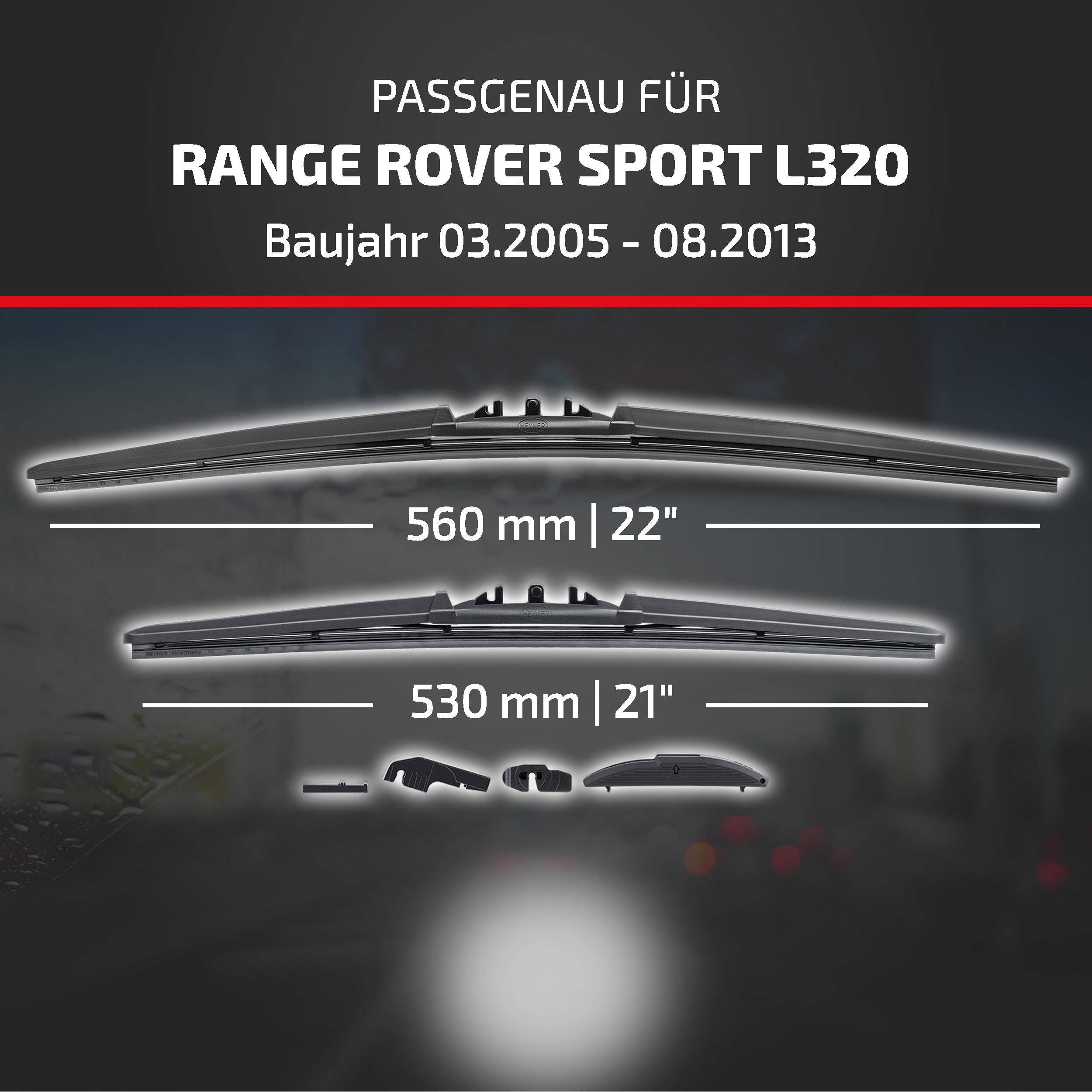 Diagramm mit kompatiblen Scheibenwischern für Range Rover Sport L320 (03.2005-08.2013): Längen 560 mm/22