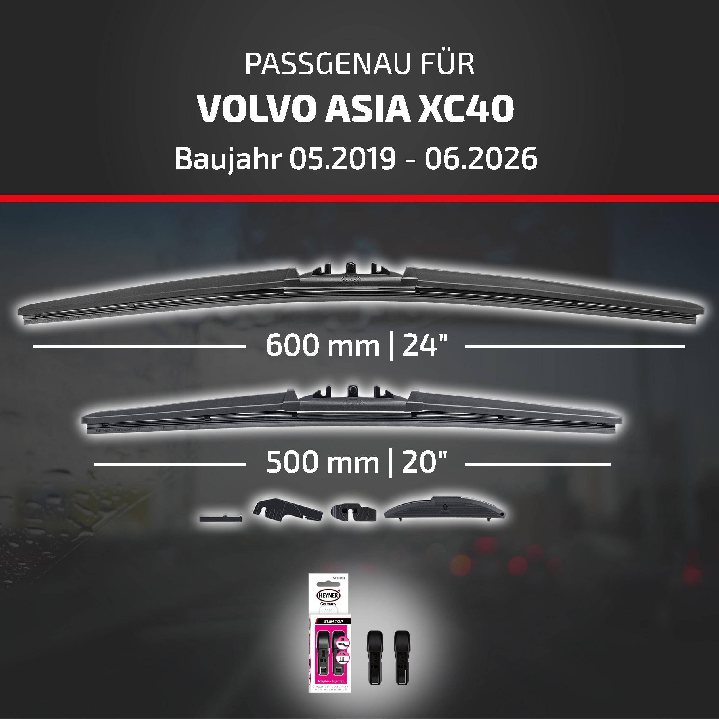 Die Anzeige zeigt kompatible Scheibenwischer für Volvo Asia XC40, Modelljahre 05.2019–06.2026, in den Größen 600 mm/24 Zoll und 500 mm/20 Zoll.