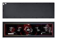 Breites rechteckiges schwarzes Gaming-Display mit HUD in Rot und Schwarz; zentrales Messgerät zeigt '86%', mit kleineren Statistik-Panels auf beiden Seiten.