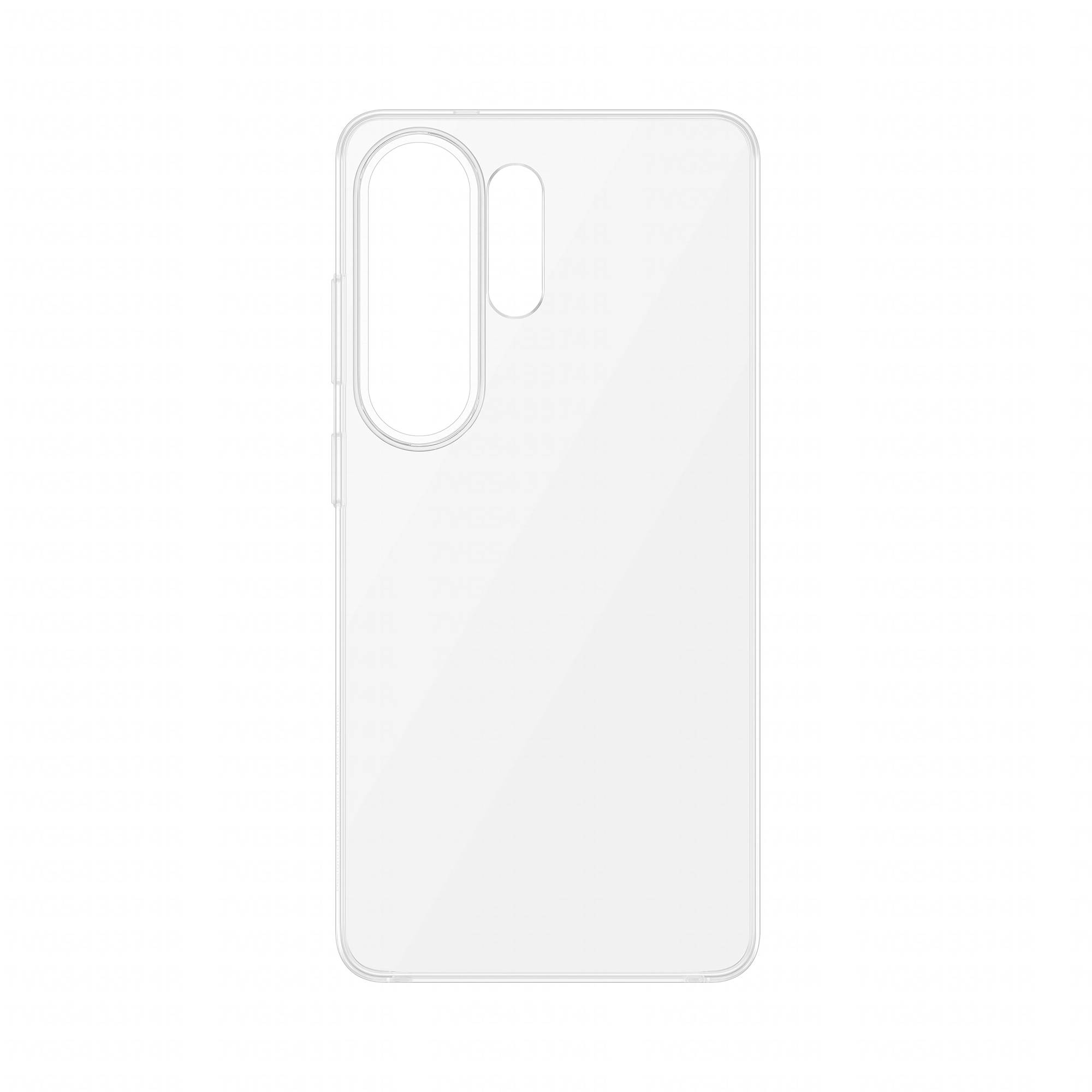 Transparente Smartphone-Schutzhülle von vorne gezeigt, mit präzisen Ausschnitten für ein dreifaches Kameramodul und seitliche Tasten.