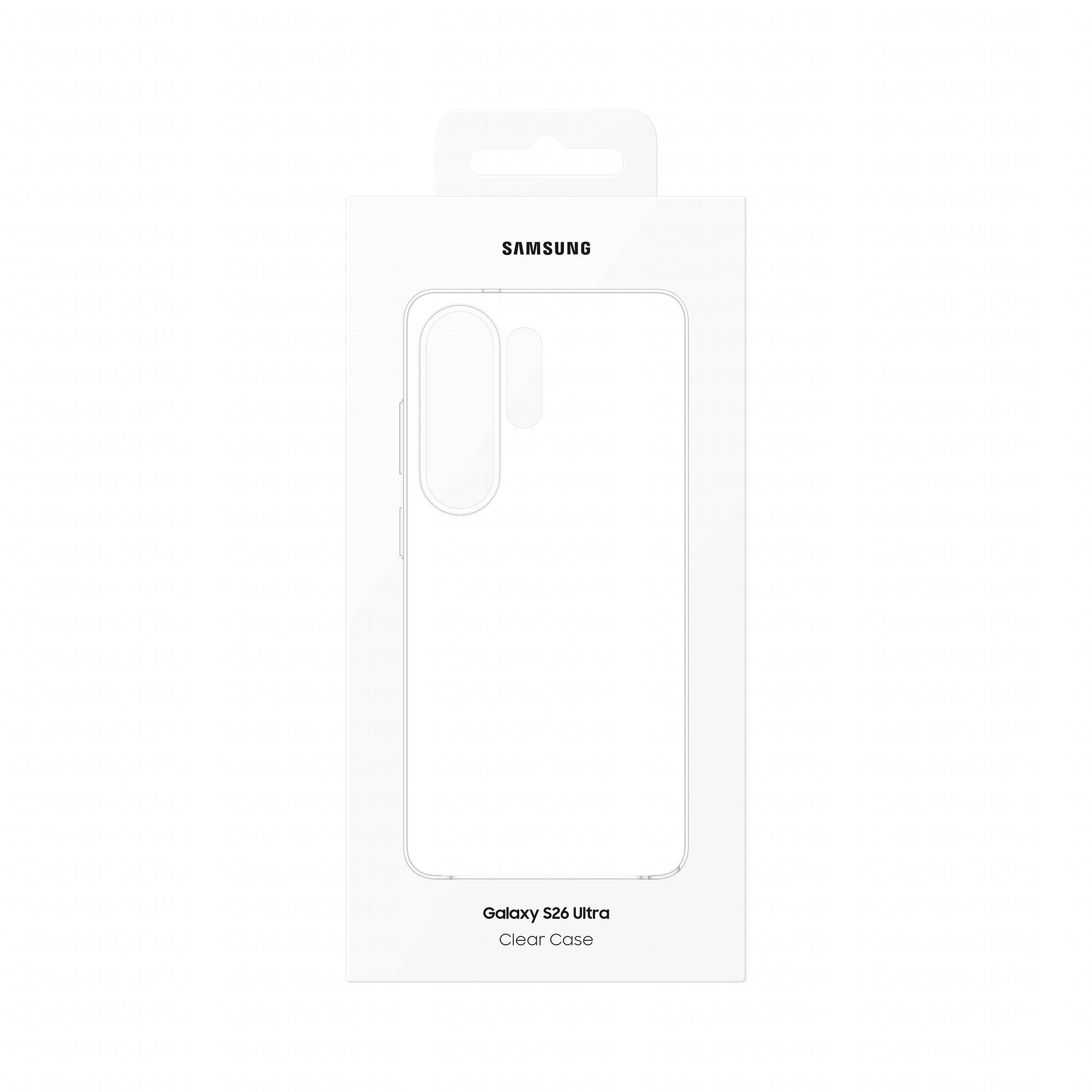 Samsung Galaxy S26 Ultra Durchsichtige Schutzhülle, verpackt in einer weißen Box mit einer Illustration der transparenten Handyhülle und einem Griff oben.