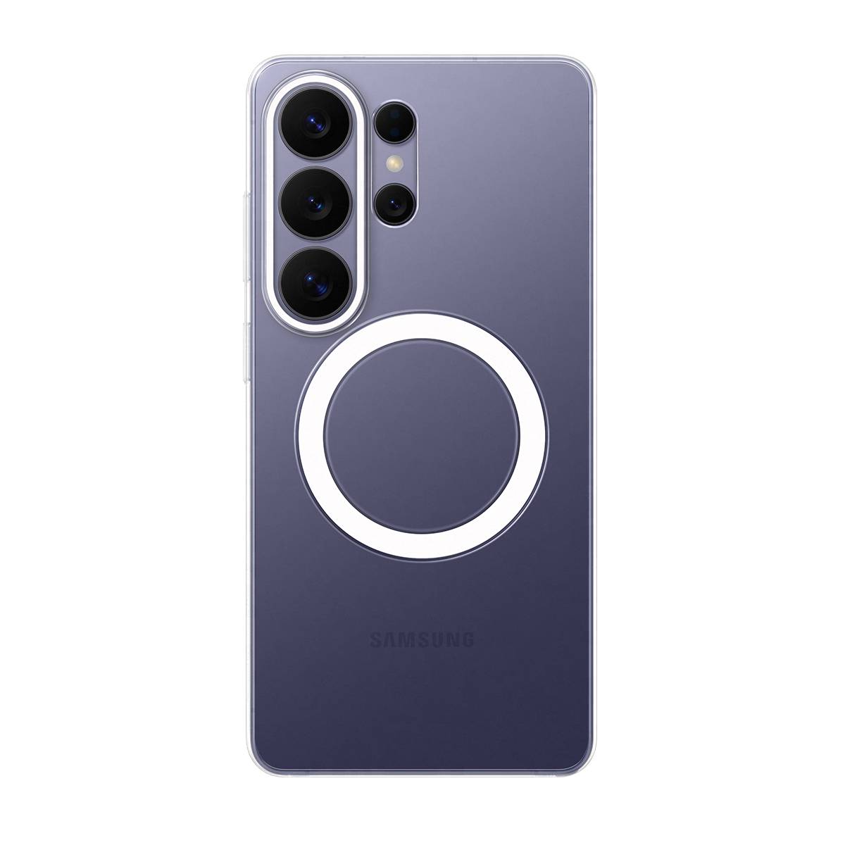 Rückseite eines violetten Samsung-Smartphones mit drei rückseitigen Kameras und einem großen weißen runden MagSafe-ähnlichen Ring-Zubehör, das auf der Hülle zentriert ist.