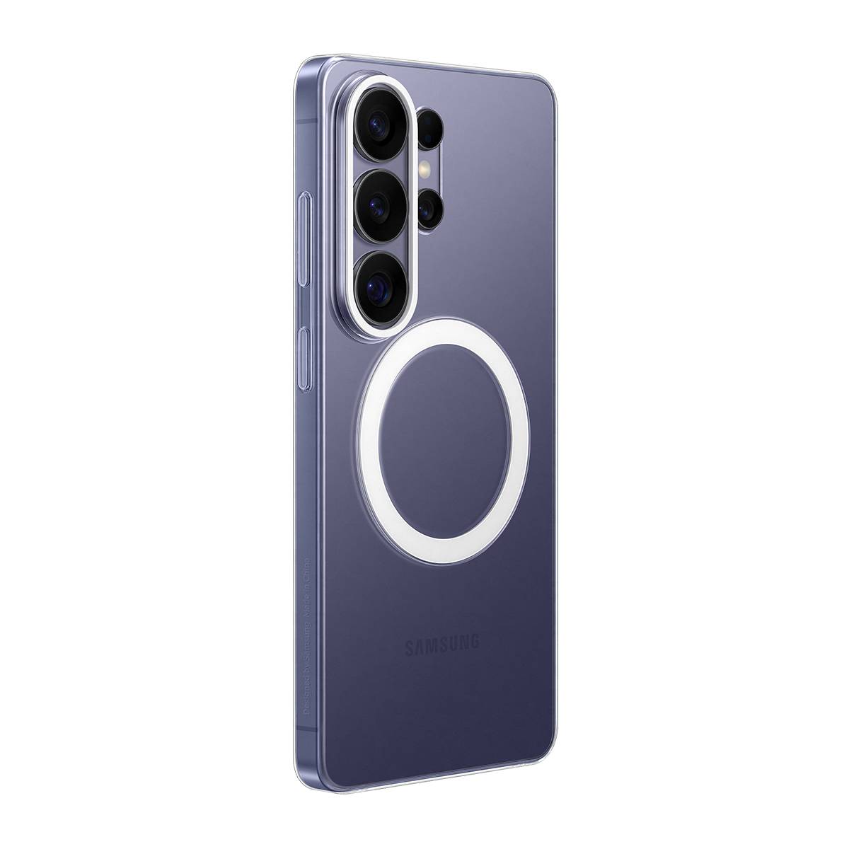 Violettes Samsung-Smartphone von hinten gezeigt, mit einem großen kreisförmigen drahtlosen Laderingund drei rückseitigen Kameras.