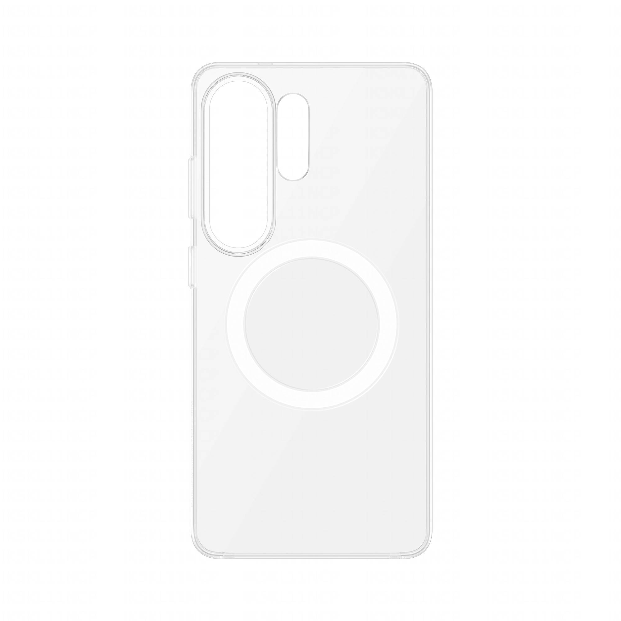 Transparente Handyhülle mit MagSafe-Ring und vertikalem Kameraausschnitt auf weißem Hintergrund.