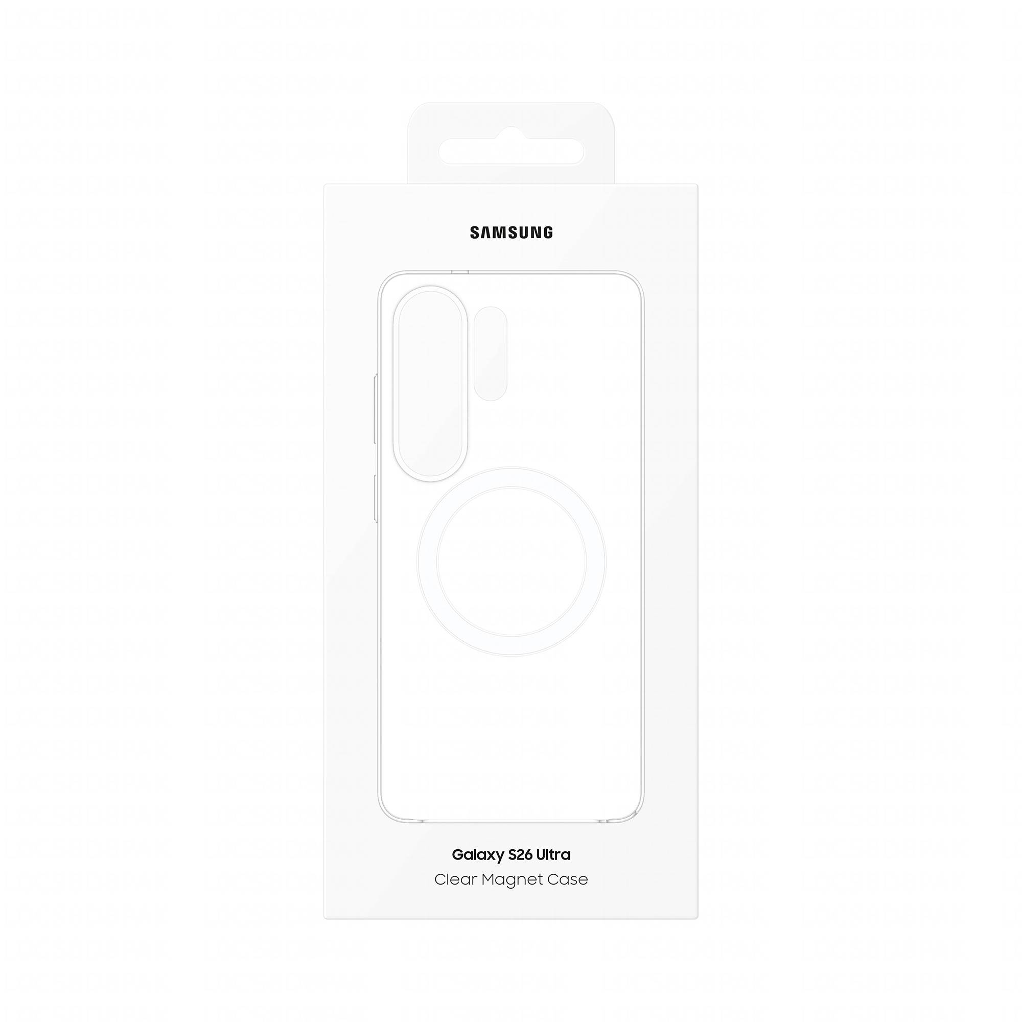 Samsung Galaxy S26 Ultra durchsichtige Magnetschutzhülle in Weiß in Originalverpackung, Vorderansicht mit Kameraausschnitt und MagSafe-ähnlichem Ring.