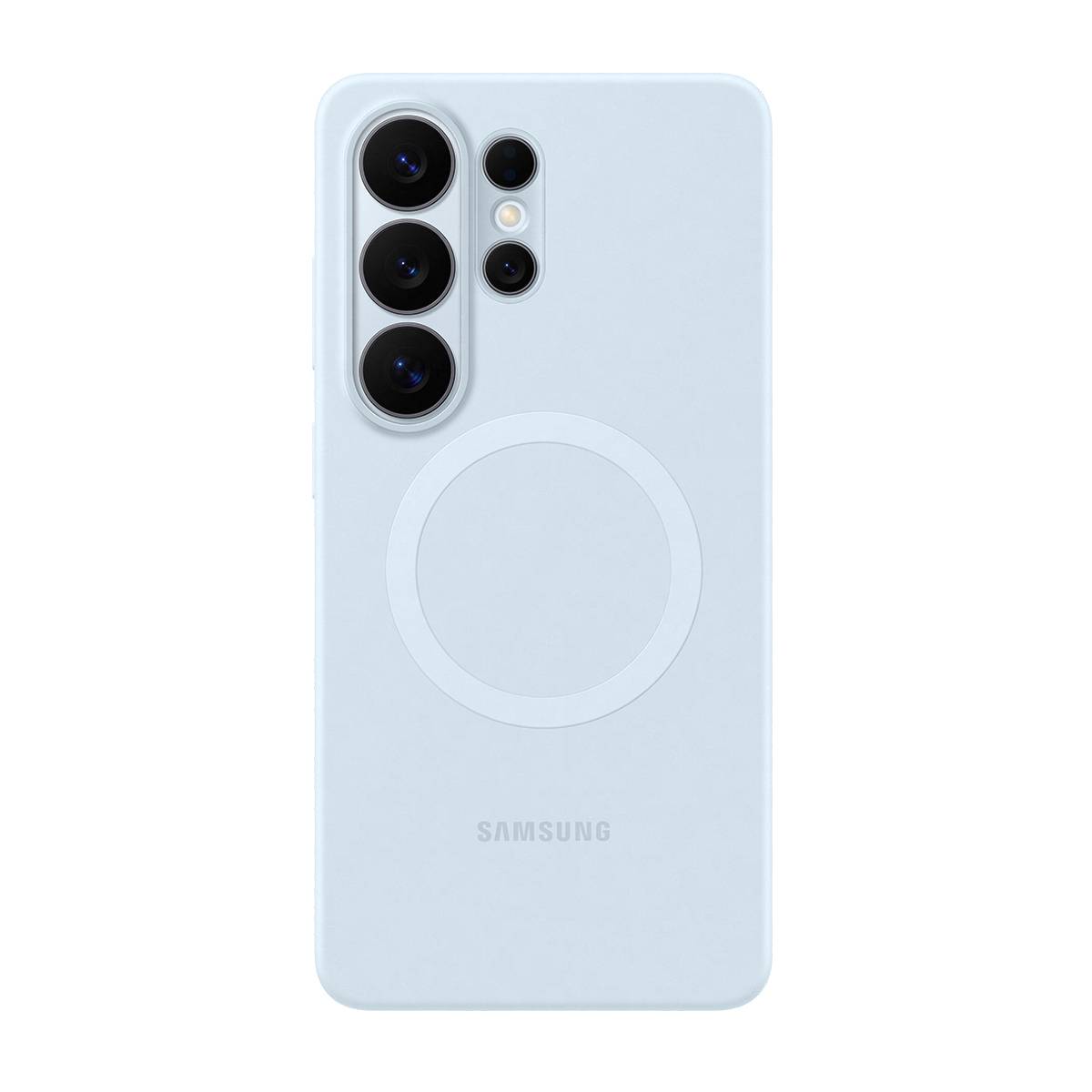 Hellblaues Samsung-Smartphone von hinten gezeigt, mit dreifacher Rückfahrtkamera und einem kreisförmigen MagSafe-ähnlichen Ring, der auf dem Gehäuse zentriert ist.