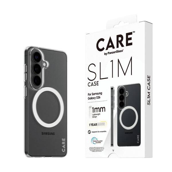 Samsung Galaxy S26 'CARE' schlanke transparente Handyhülle neben ihrer Einzelhandelsverpackung, mit MagSafe-ähnlichem Ring und 1 mm leichtem Design.