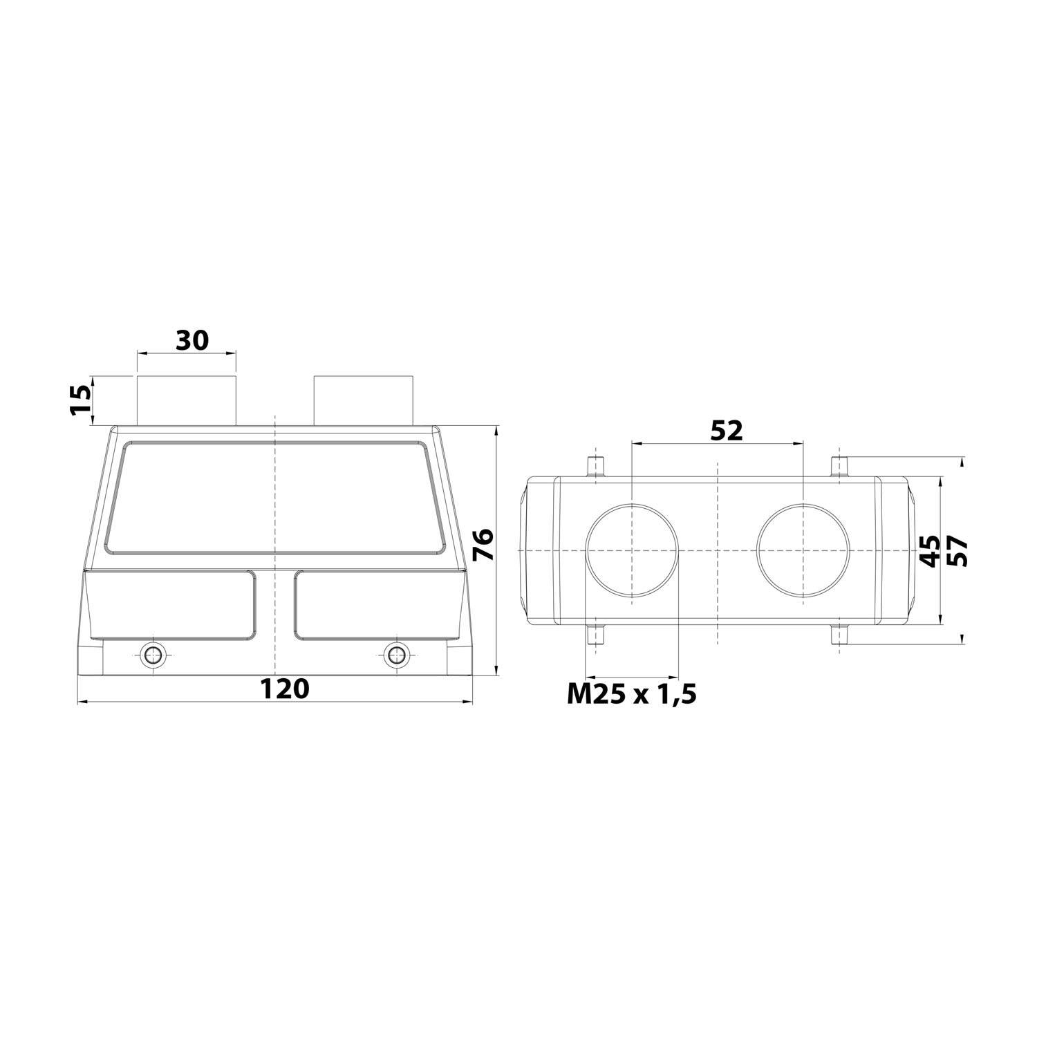 HARTING Han 24B Tüllengehäuse hoch, 2xM25 gerader Kabelabgang, für 2 Bügel (am Unterteil) Verschraubung M25
