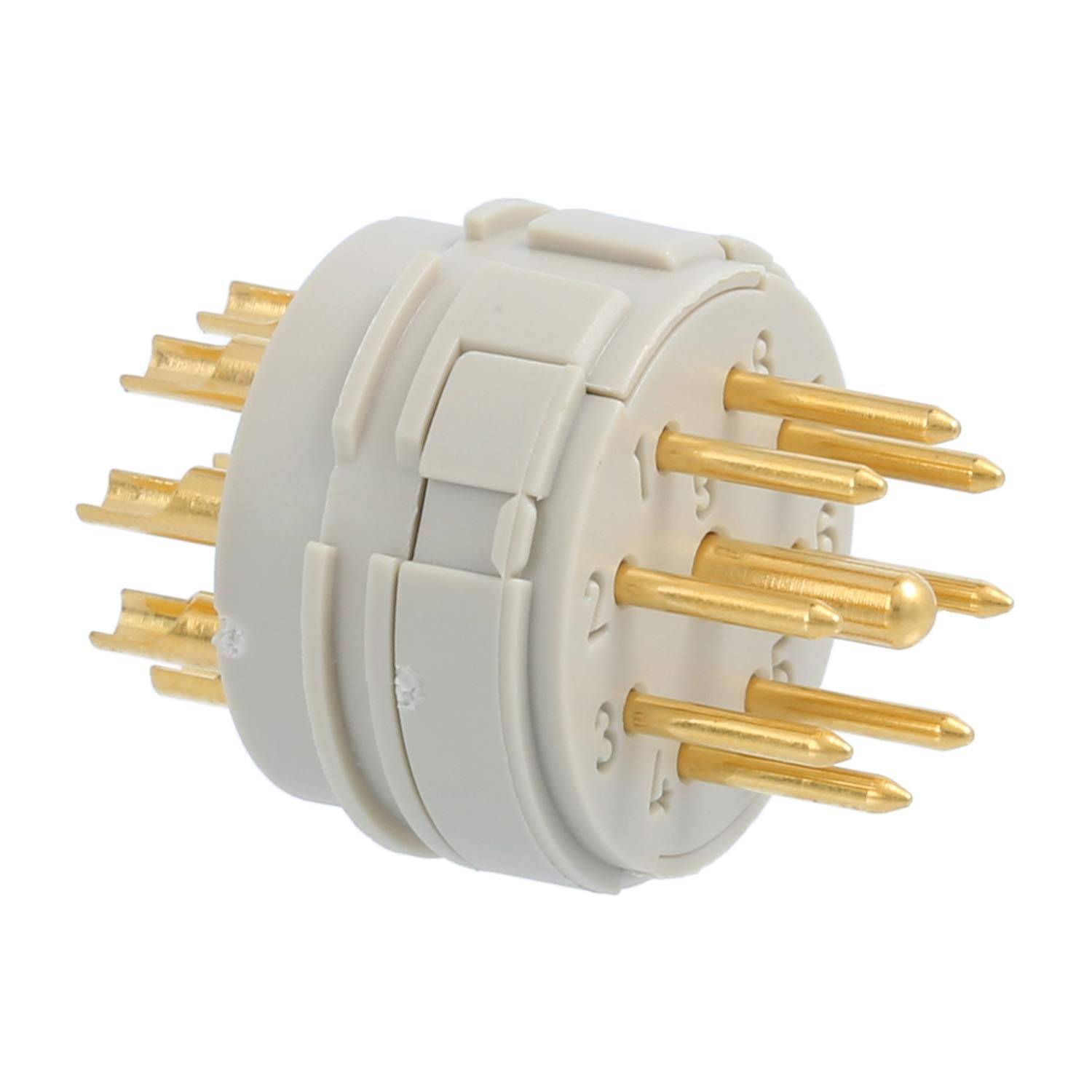 Ein weiß-goldener mechanischer Drehschalter mit mehreren goldfarbenen Stiften, verwendet für elektrische Verbindungen in verschiedenen Geräten.