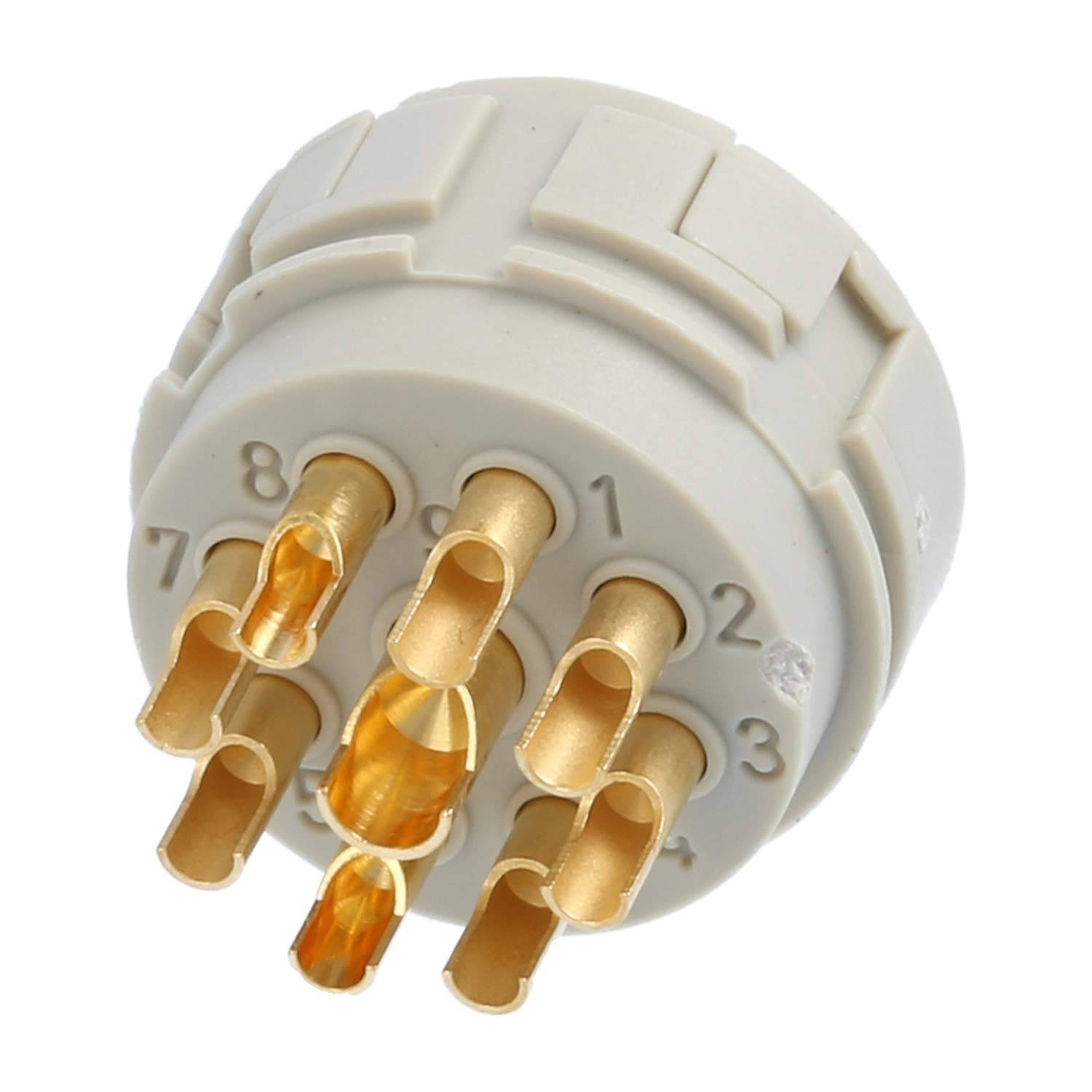 Ein siebenpoliger elektrischer Stecker mit vergoldeten Kontakten, beschriftet mit den Nummern 1 bis 7, für elektronische oder technische Anwendungen verwendet.