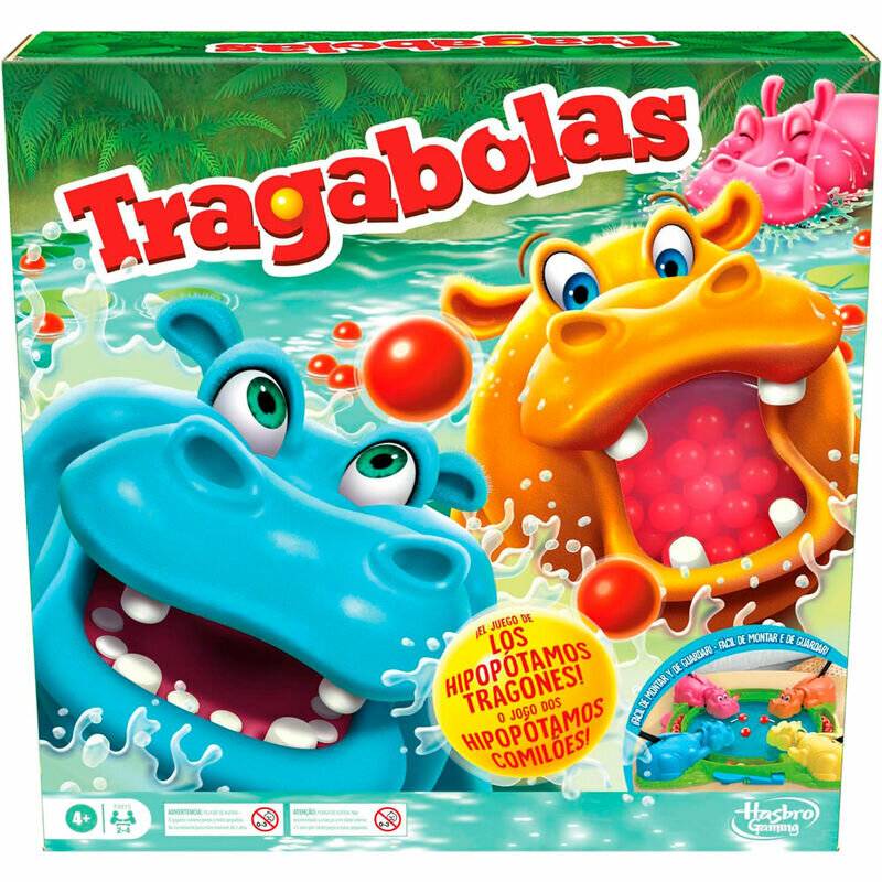 Das Bild zeigt die Verpackung des Brettspiels „Hungry Hungry Hippos