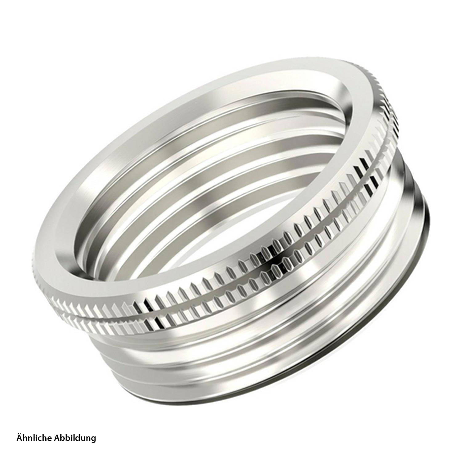 Nahaufnahme eines glänzenden silbernen Metallrings/Deckels mit Gewinde, gezeigt als Beispielproduktbild mit dem Text „Ähnliche Abbildung