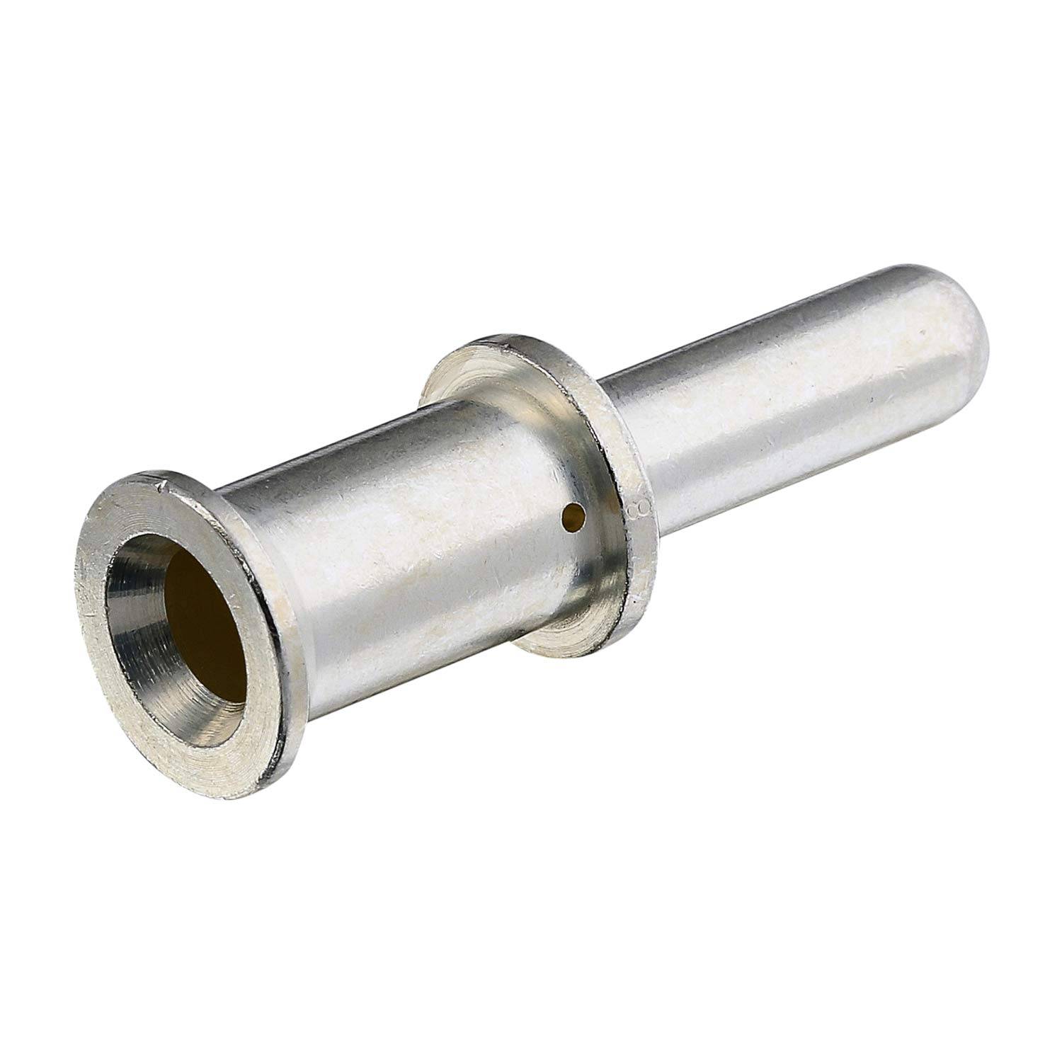 Metallischer zylindrischer Rohrbinder mit Flanschende und kleinem Seitenloch, dargestellt auf weißem Hintergrund.
