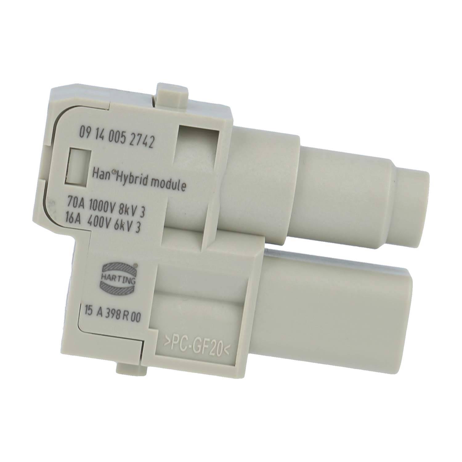 White Harting Han® Hybrid-Modulsteckverbinder mit zwei zylindrischen Anschlüssen auf neutralem Hintergrund.