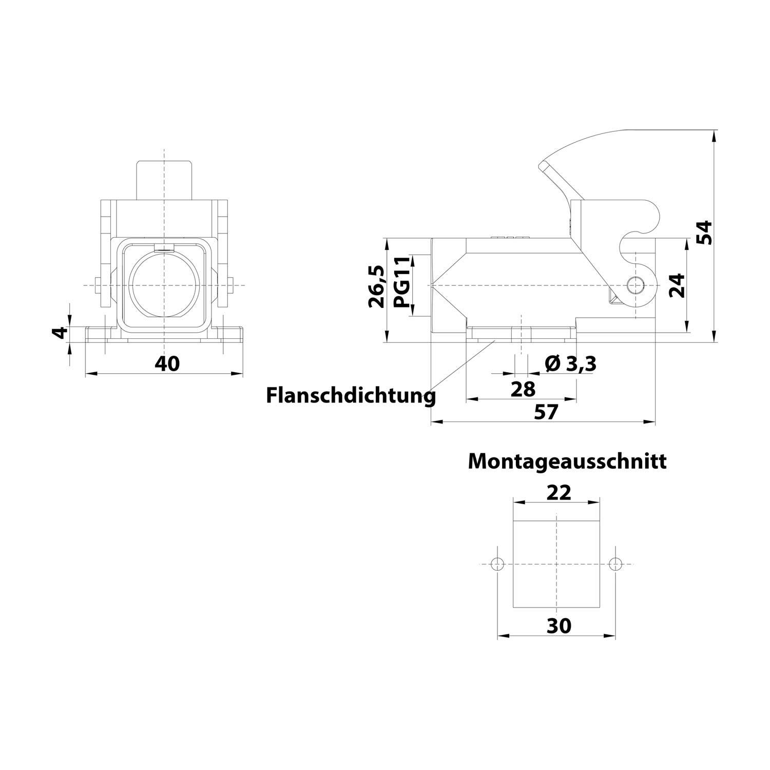 HARTING Han 3A Sockelgehäuse mit offenem Boden, 1xPG11 gerader Kabelabgang, mit 1 Bügel Verschraubung PG11 Klemmbereich