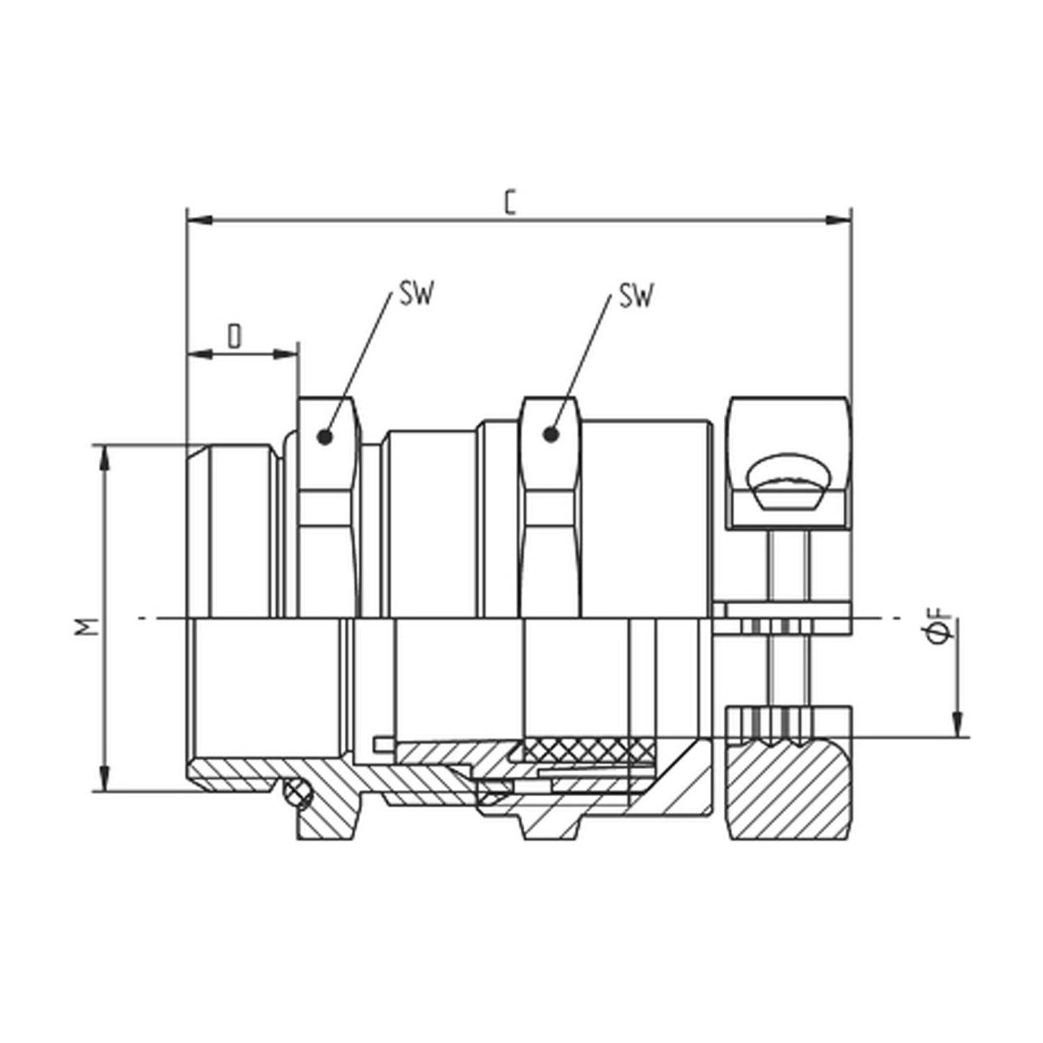 Technische Querschnittszeichnung einer zylindrischen mechanischen Klemme oder Kupplung mit Bemaßungspfeilen, die mit C, M, D und Φ gekennzeichnet sind.