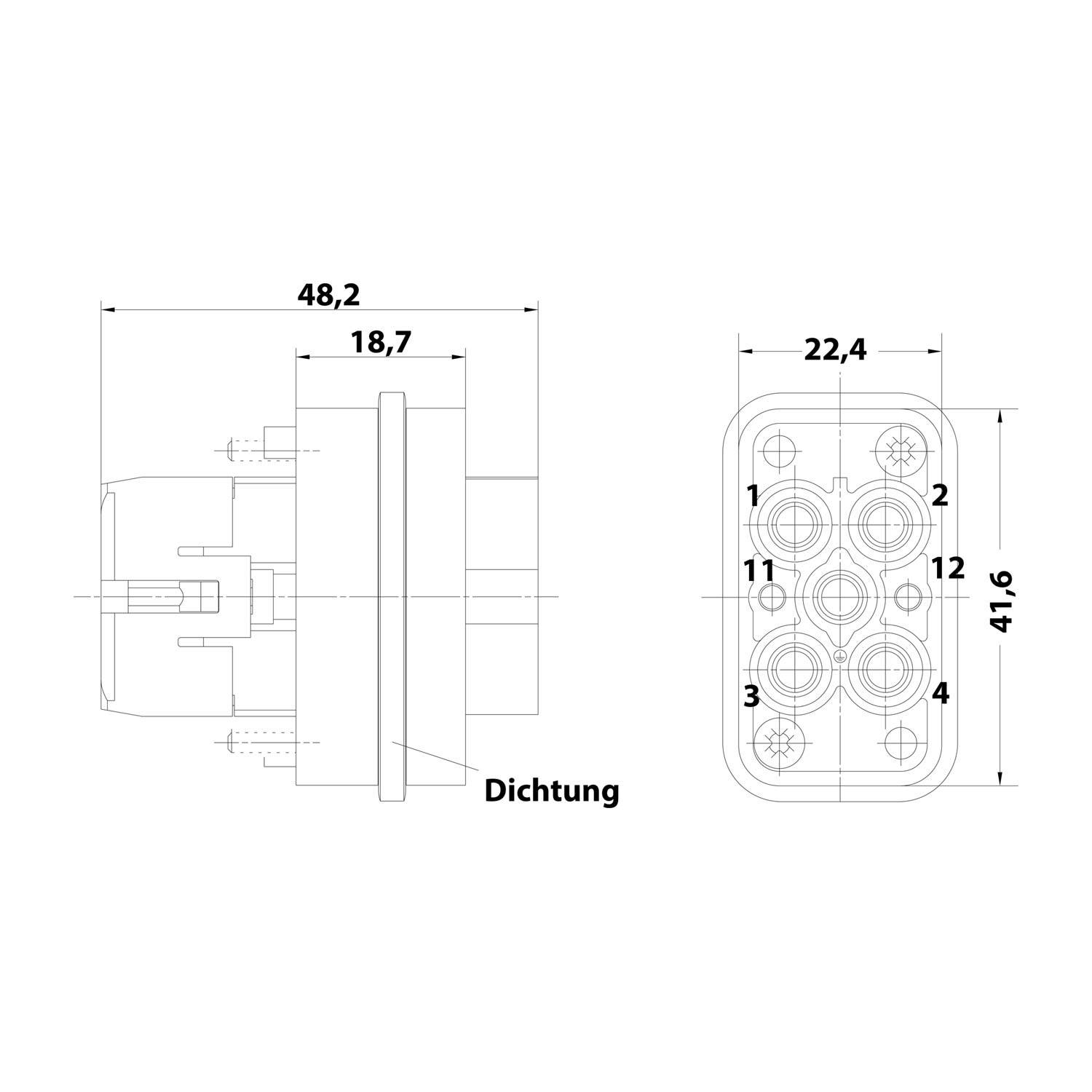 Technische Konstruktionszeichnung eines Steckers mit den Abmessungen 48,2 x 41,6 x 22,4 mm, Seiten- und Vorderansicht, gekennzeichnet mit 