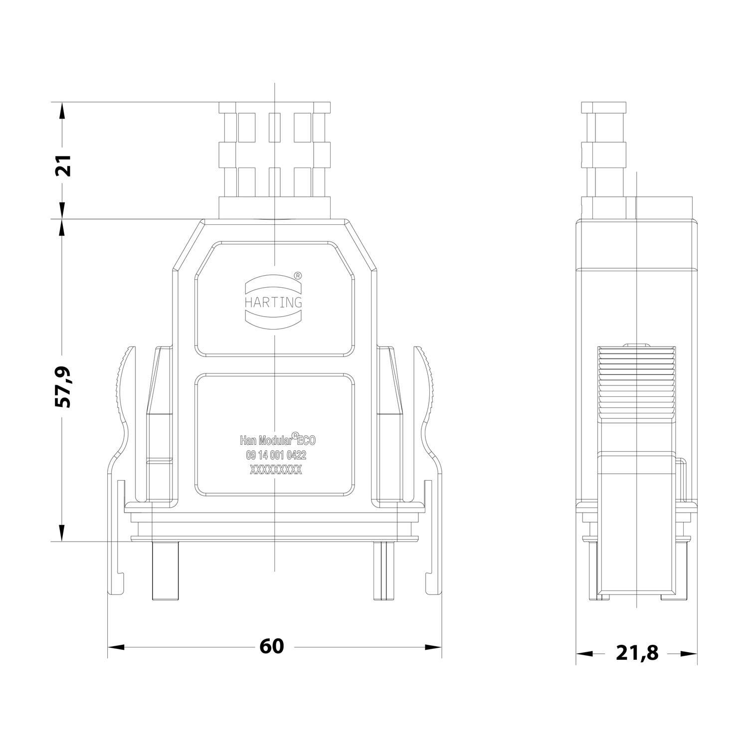 HARTING Han Modular ECO Tüllengehäuse, 1 gerader Kabelabgang, mit 2 Klammern Klemmbereich 0,0mm - 14,65mm - 1 Stück