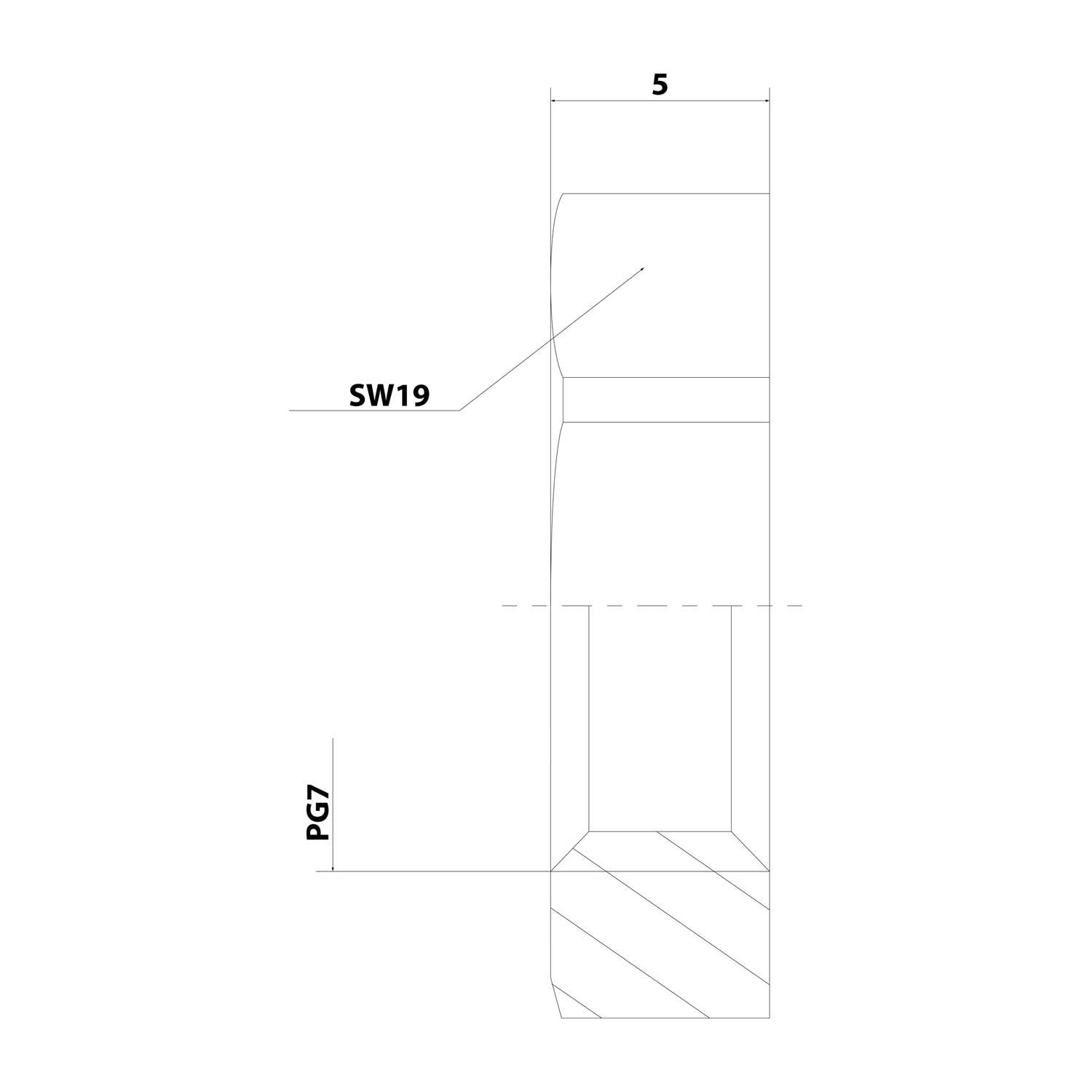 Technische Zeichnung eines gestuften zylindrischen Teils mit beschrifteten Abmessungen 5, SW19 und PG7, das einen Sechskantabschnitt und ein gewindeltes unteres Ende zeigt.