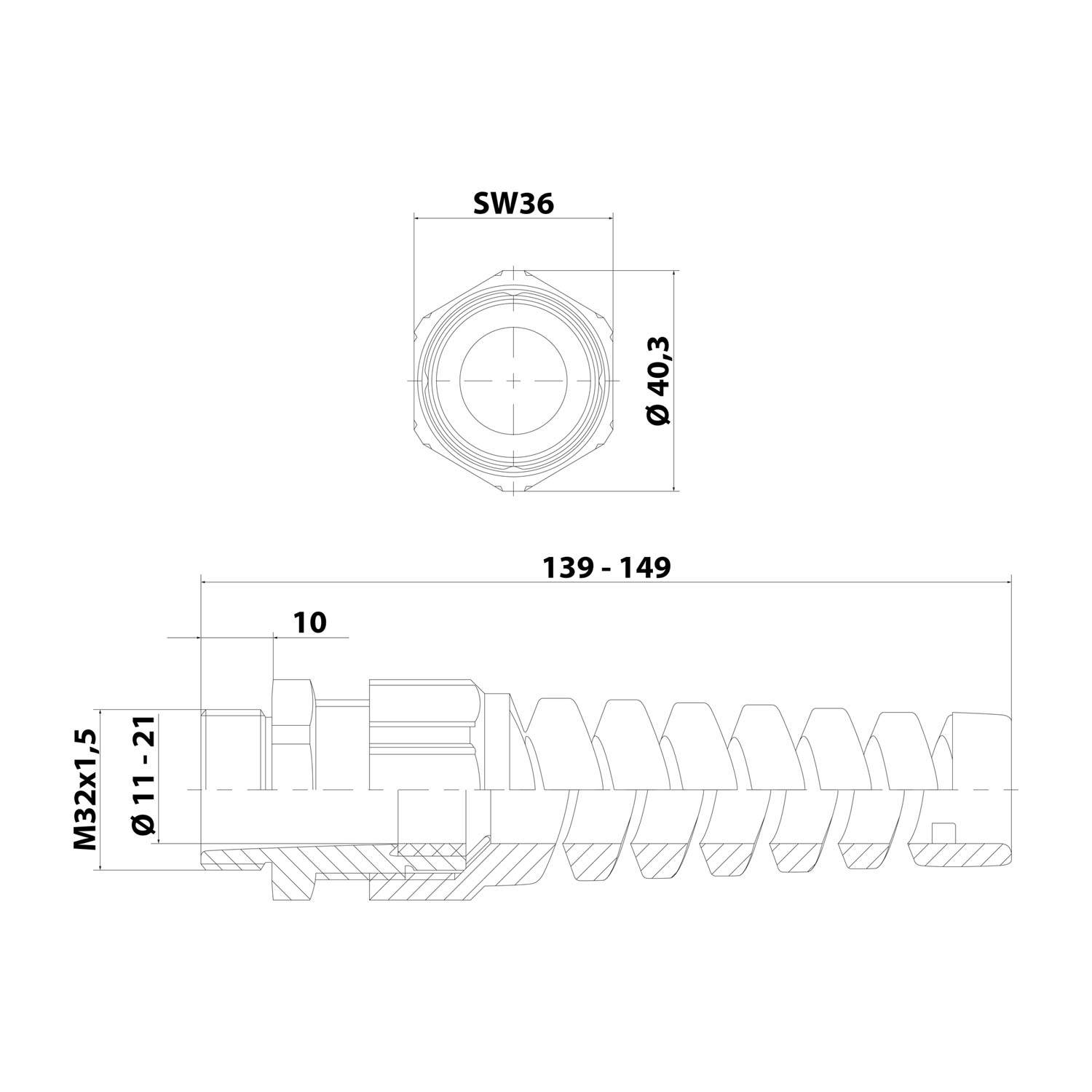 Technische Zeichnung einer Gewindelehre/eines Ankers, mit Draufsicht und Seitenansicht mit den Abmessungen SW36, Ø40,3, M32x1,5, Ø11–21, 10 und Länge 139–149.
