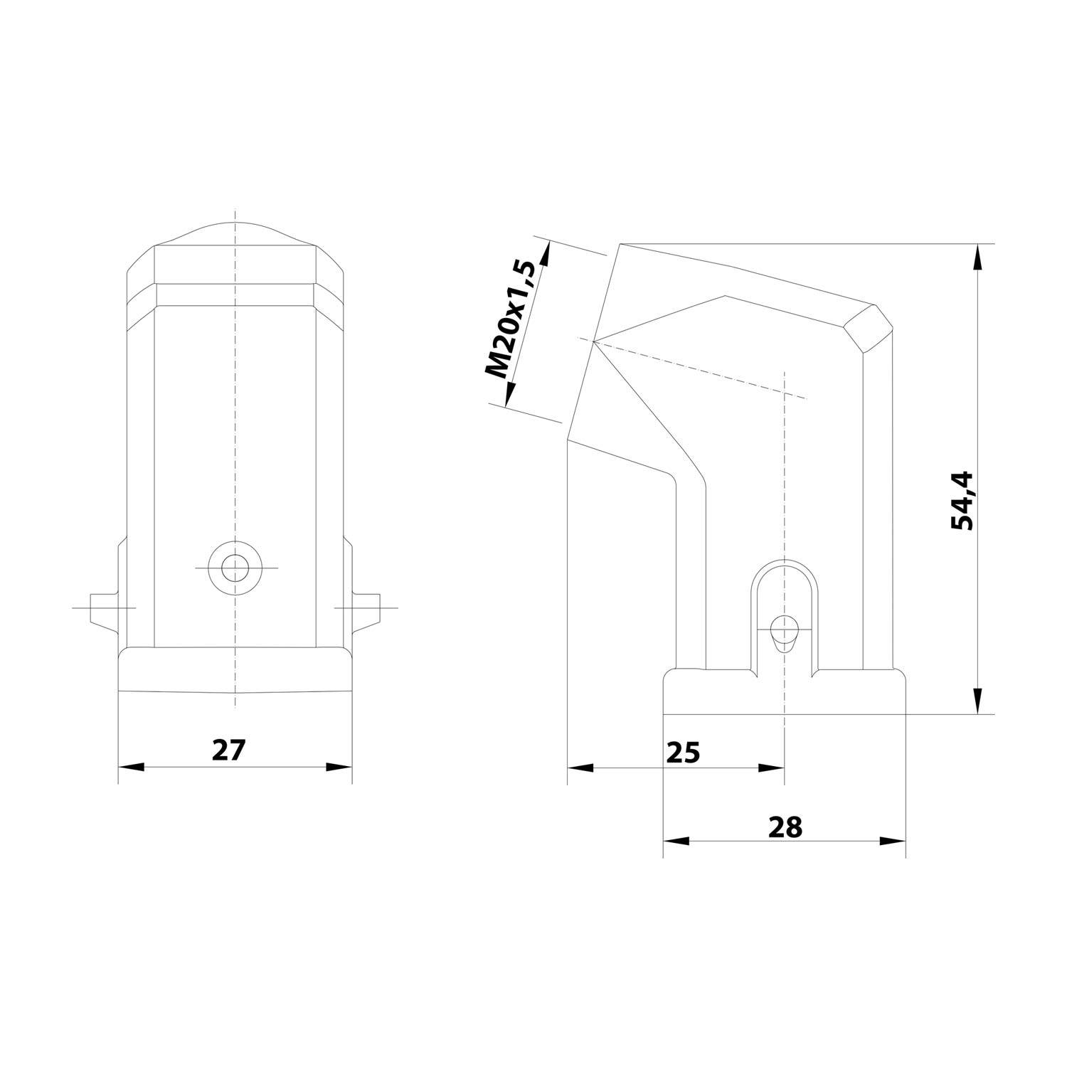 HARTING Han 3A EMV Tüllengehäuse ohne eingeklebte Dichtung, 1xM20 seitlicher Kabelabgang, für 1 Bügel (am Unterteil)