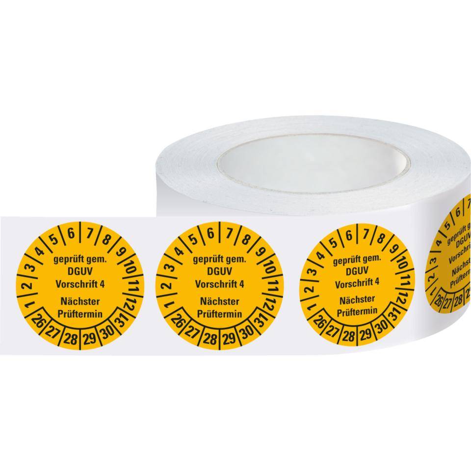 Prüfplakette Geprüft DGUV Vorschrift 4,NP 26-31,gelb,Dokufolie,Ø30mm,500/Rolle