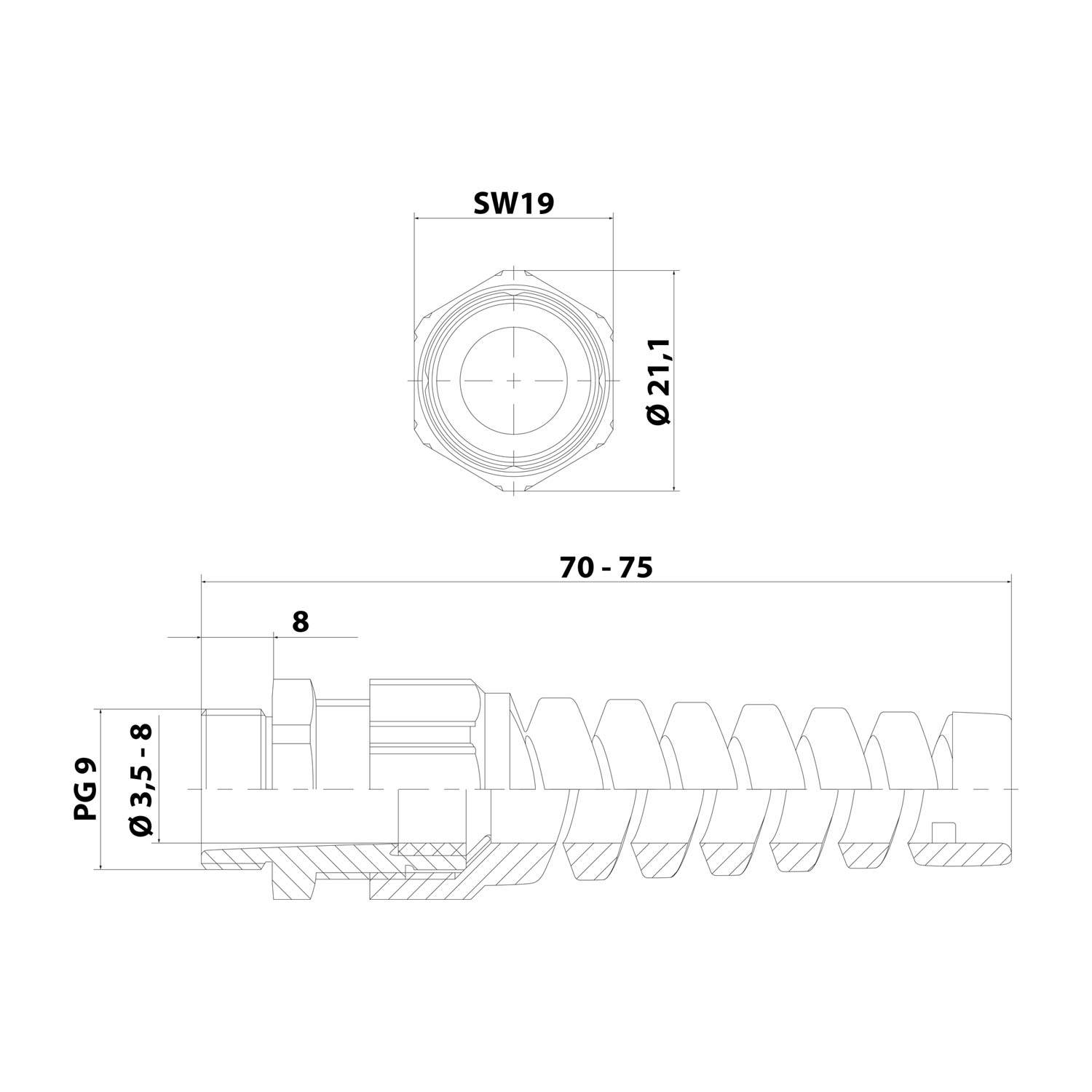 Technische Zeichnung einer PG9-Kabelverschraubung mit Draufsicht und Seitenansicht sowie Abmessungen SW19, Ø21,1, 70-75, 8 und Ø3,5-8.