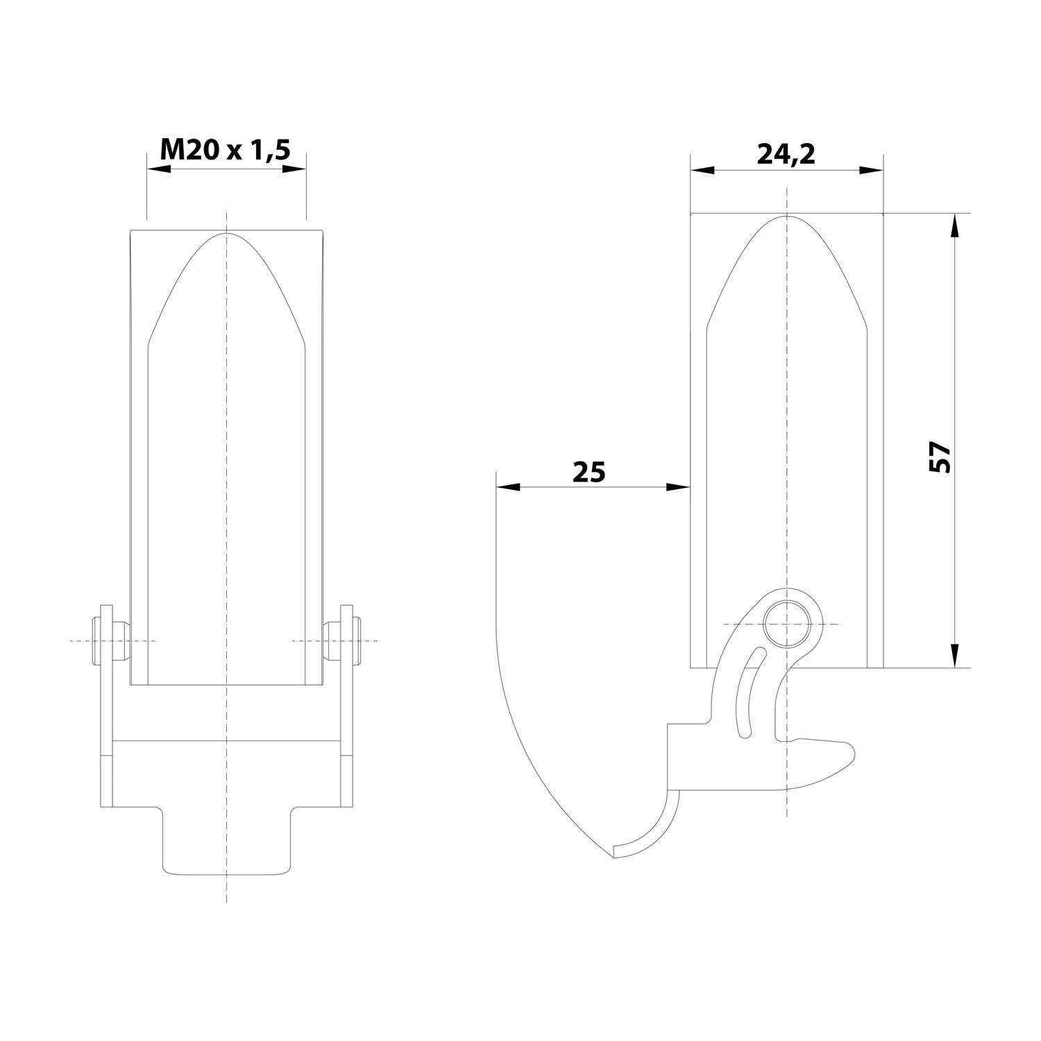 Technische Zeichnung eines Gewindezylinders, zeigt Vorder- und Seitenansicht mit beschrifteten Abmessungen M20 x 1,5, 24,2, 25 und 57 mm.