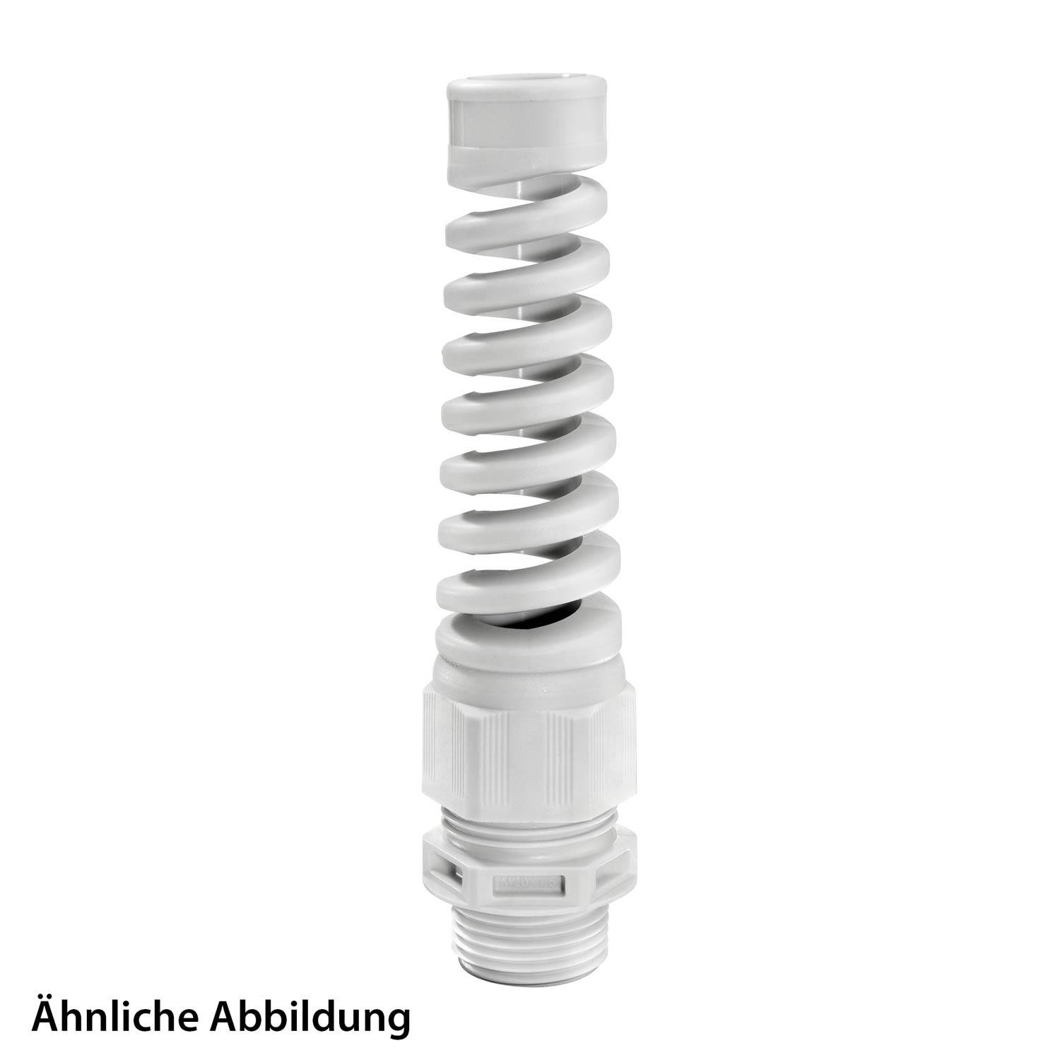 Weiße Kunststoff-Kabelverschraubung mit spiralförmiger Zugentlastung, gezeigt auf einfachem Hintergrund mit dem Text „Ähnliche Abbildung