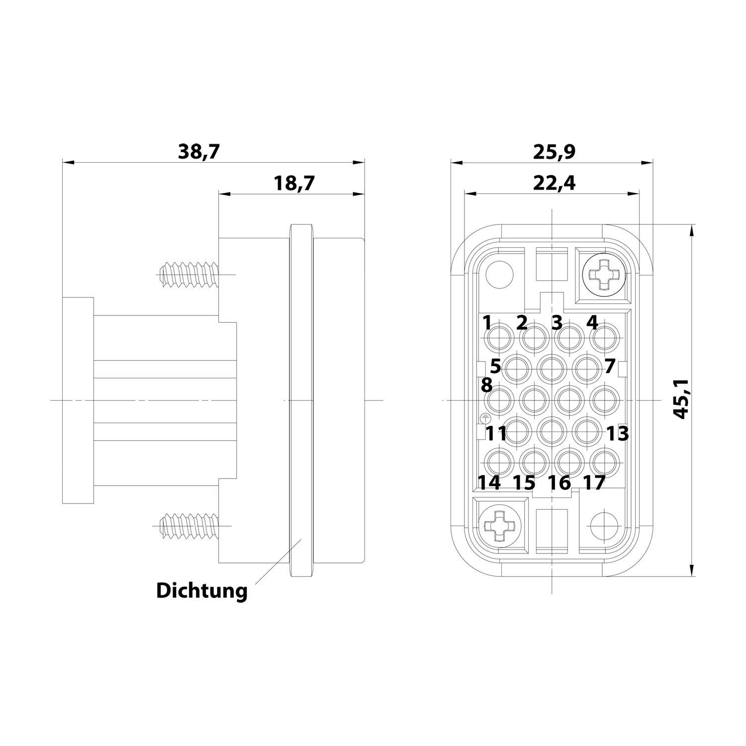 HARTING Han Q17/0 Stifteinsatz (M) Crimpanschluss, 17-polig+PE 160V, 10A - 1 Stück