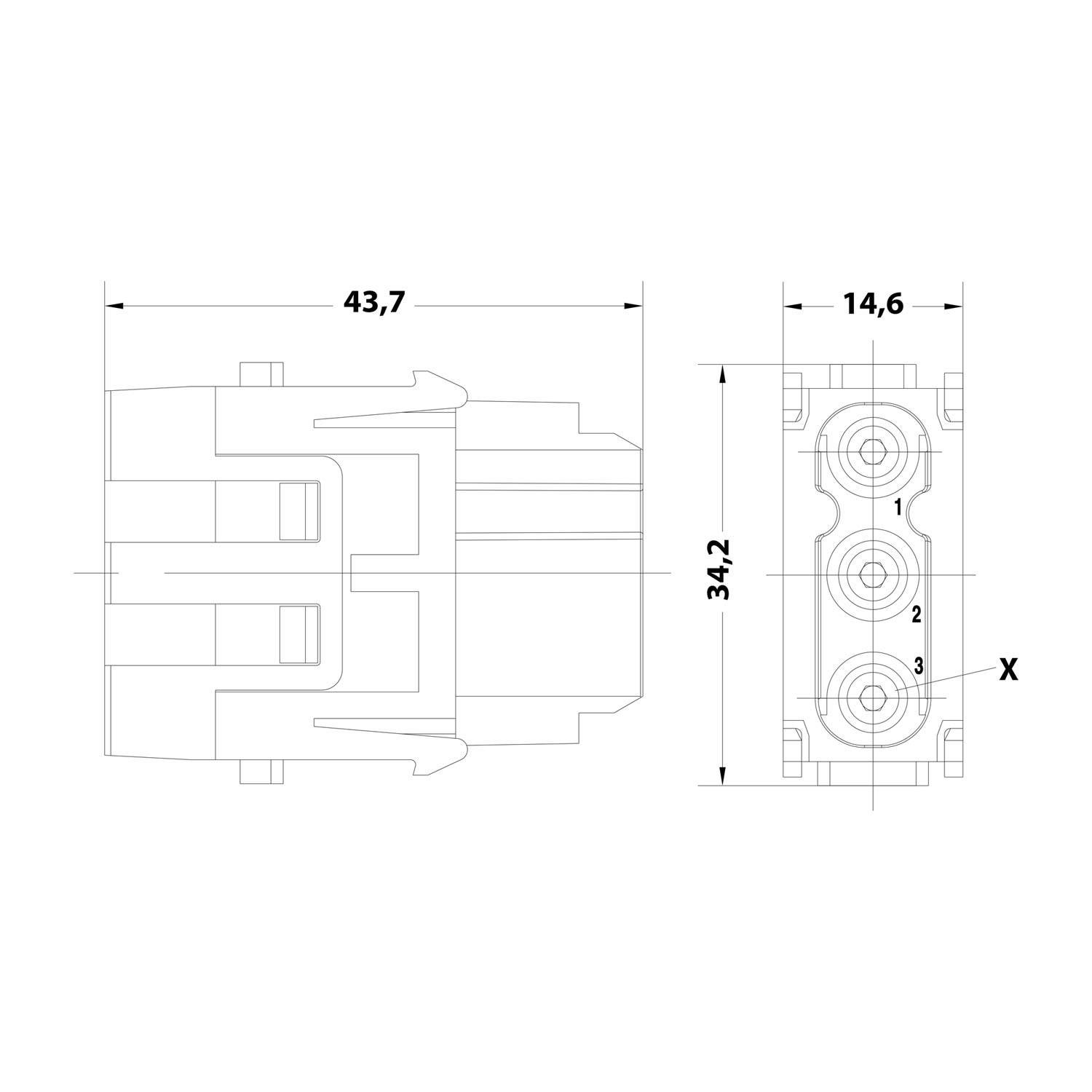 Technische Maßzeichnung eines kleinen Steckers mit Seiten- und Vorderansicht mit Abmessungen 43,7, 34,2 und 14,6 mm sowie Stiftbezeichnungen 1, 2, 3.