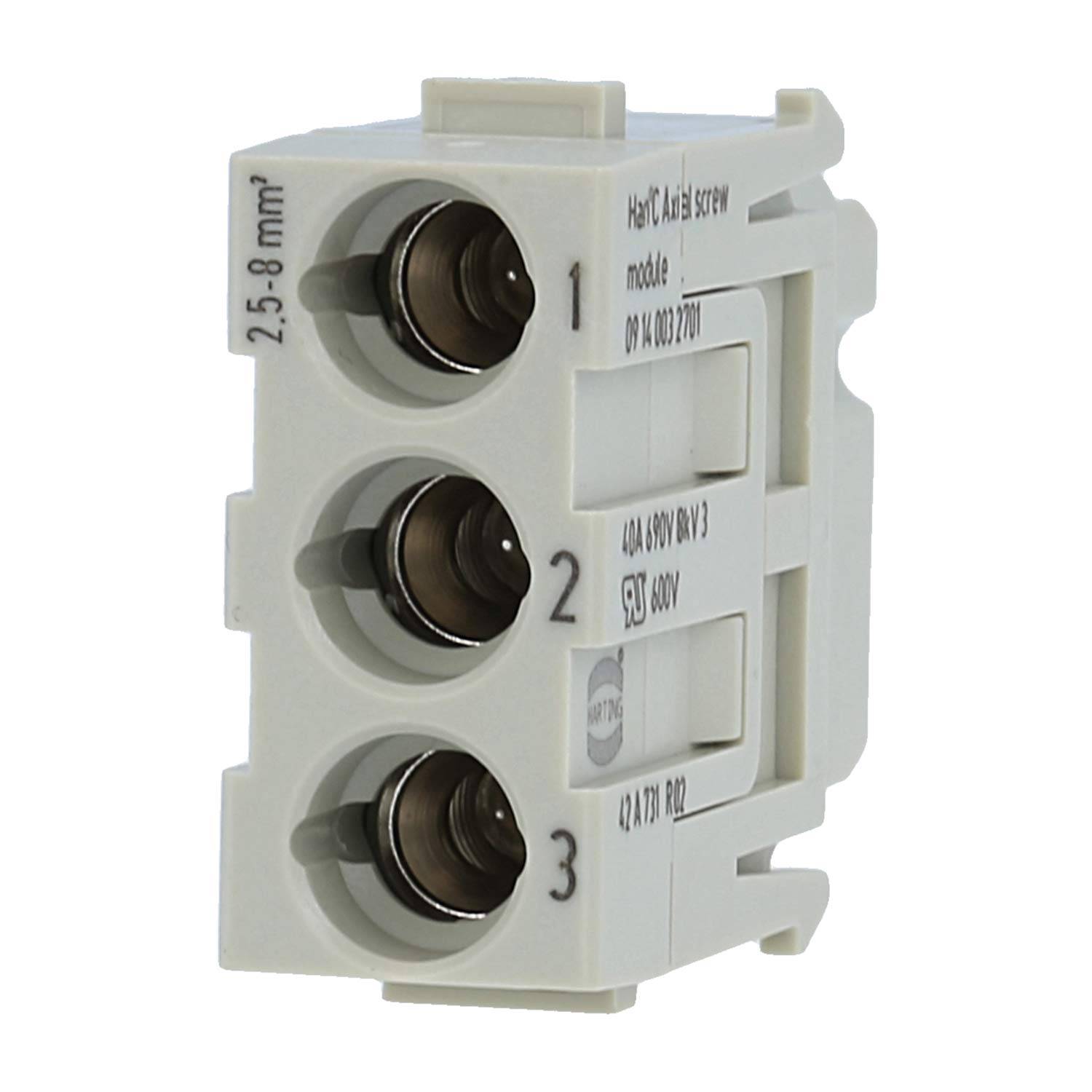 Nahaufnahme eines weißen elektrischen Steckklemmen-Anschlussblocks mit drei kreisförmigen Anschlussöffnungen, beschriftet mit 1, 2 und 3.