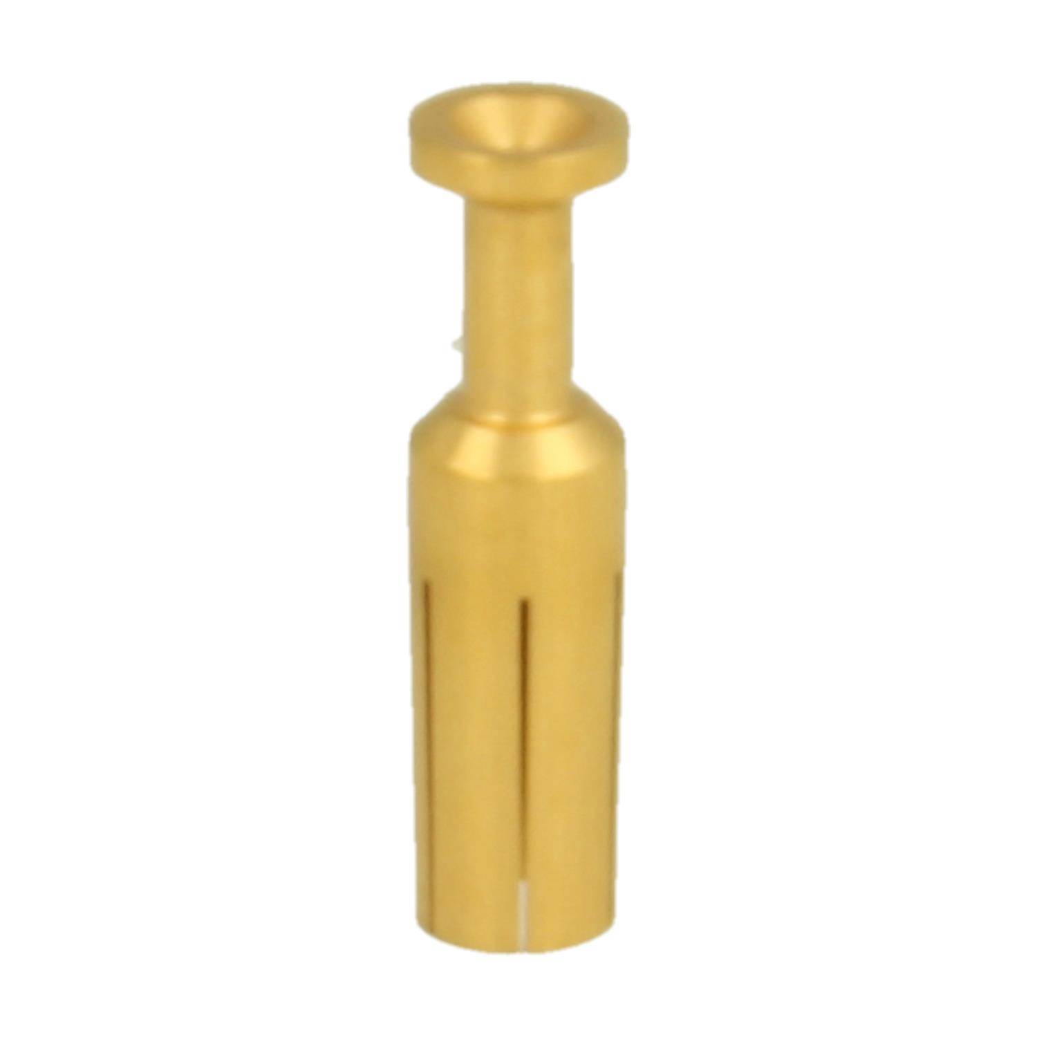 Goldener zylindrischer Metallverbinderstift mit ausgeflanschtter Oberseite und geschlitztem unteren Schaft auf weißem Hintergrund.