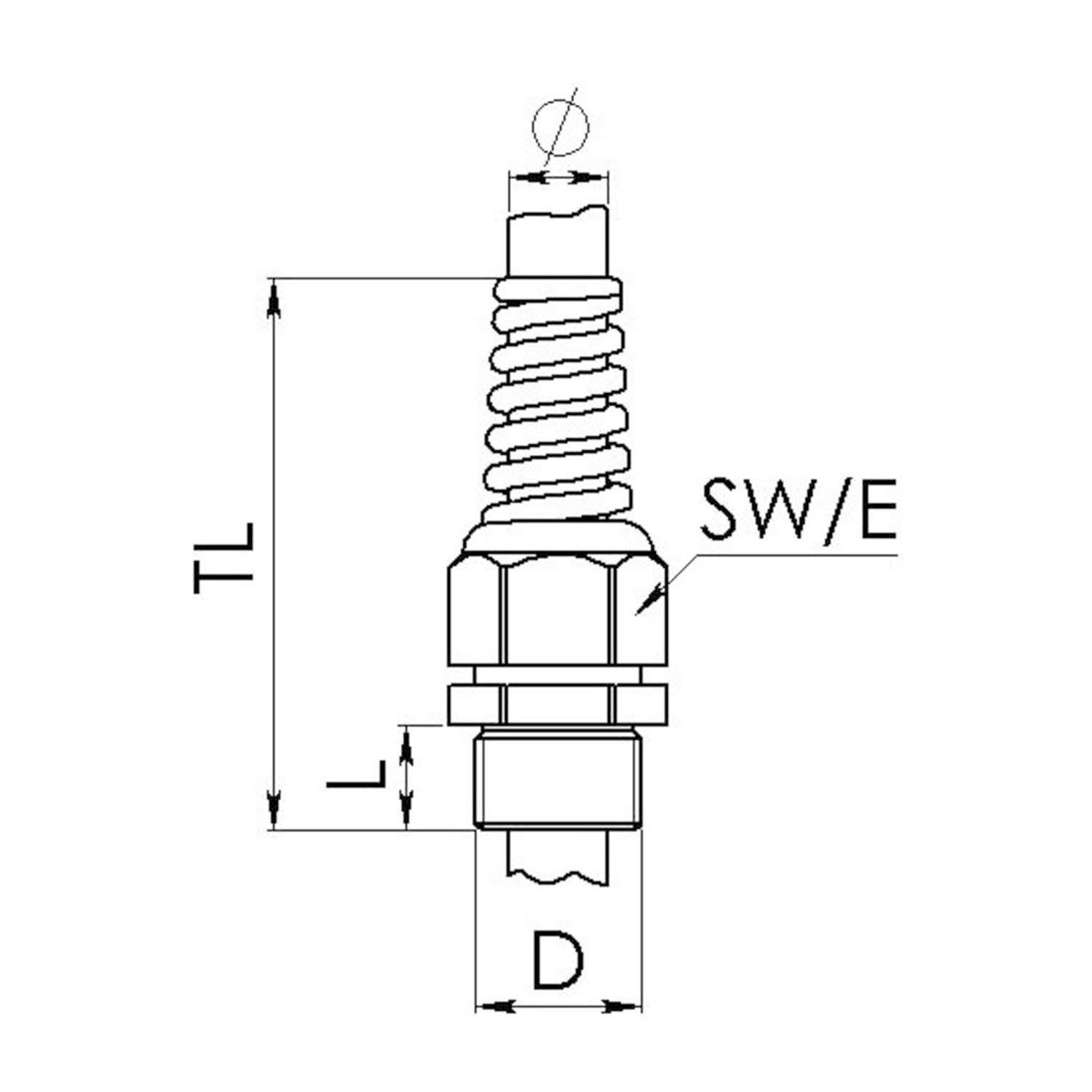 Technische Zeichnung einer Zündkerze mit Gesamtlänge TL, Gewindelänge L, Durchmesser D und Schlüsselweite SW/E.