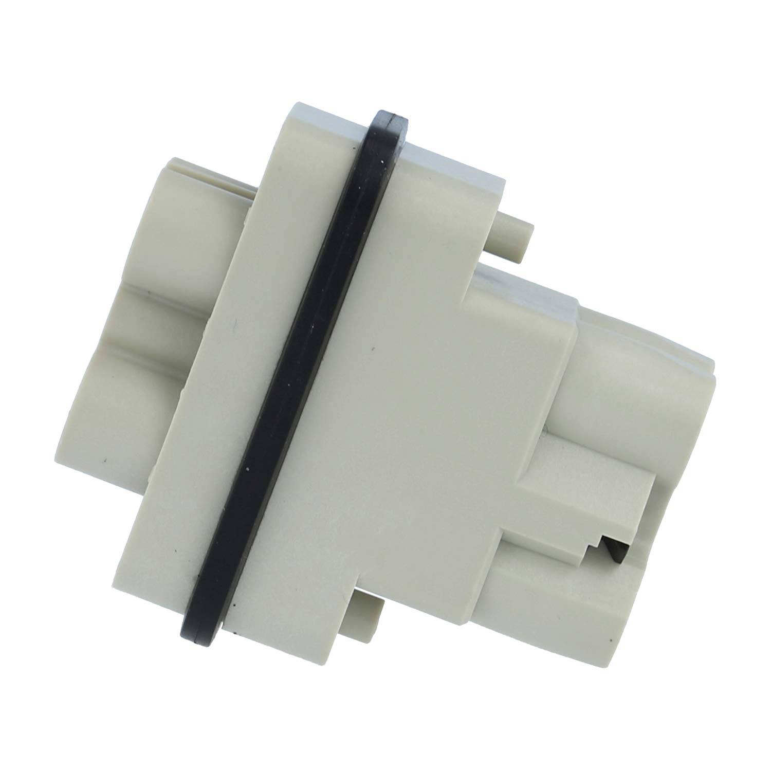 Weißer Kunststoff-Elektrostecker mit schwarzem Dichtungsring, isoliert auf weißem Hintergrund dargestellt.