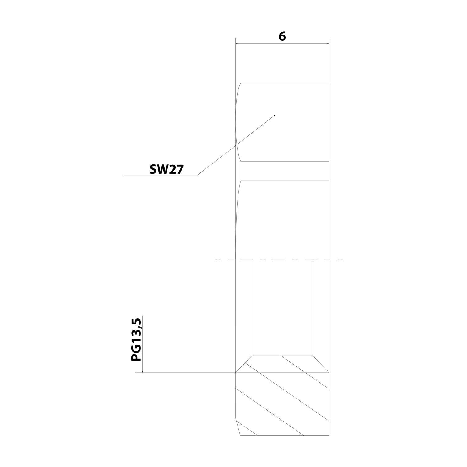 Technische Strichzeichnung einer Sechskantschraube oder Welle, gekennzeichnet mit SW27, PG13.5 und 6, mit Maßen und gewindeltem unteren Abschnitt.