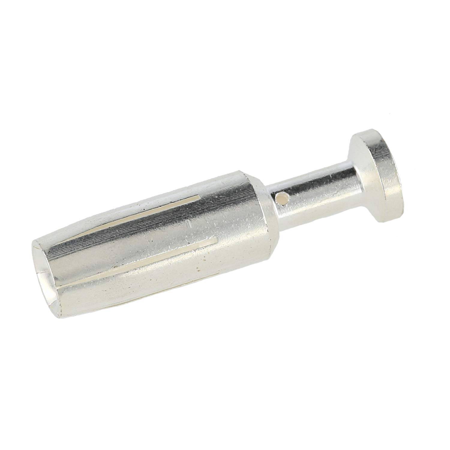 Metallischer Silberstift-Verbinder mit zylindrischem Körper und geflanschtem Schaft auf weißem Hintergrund.