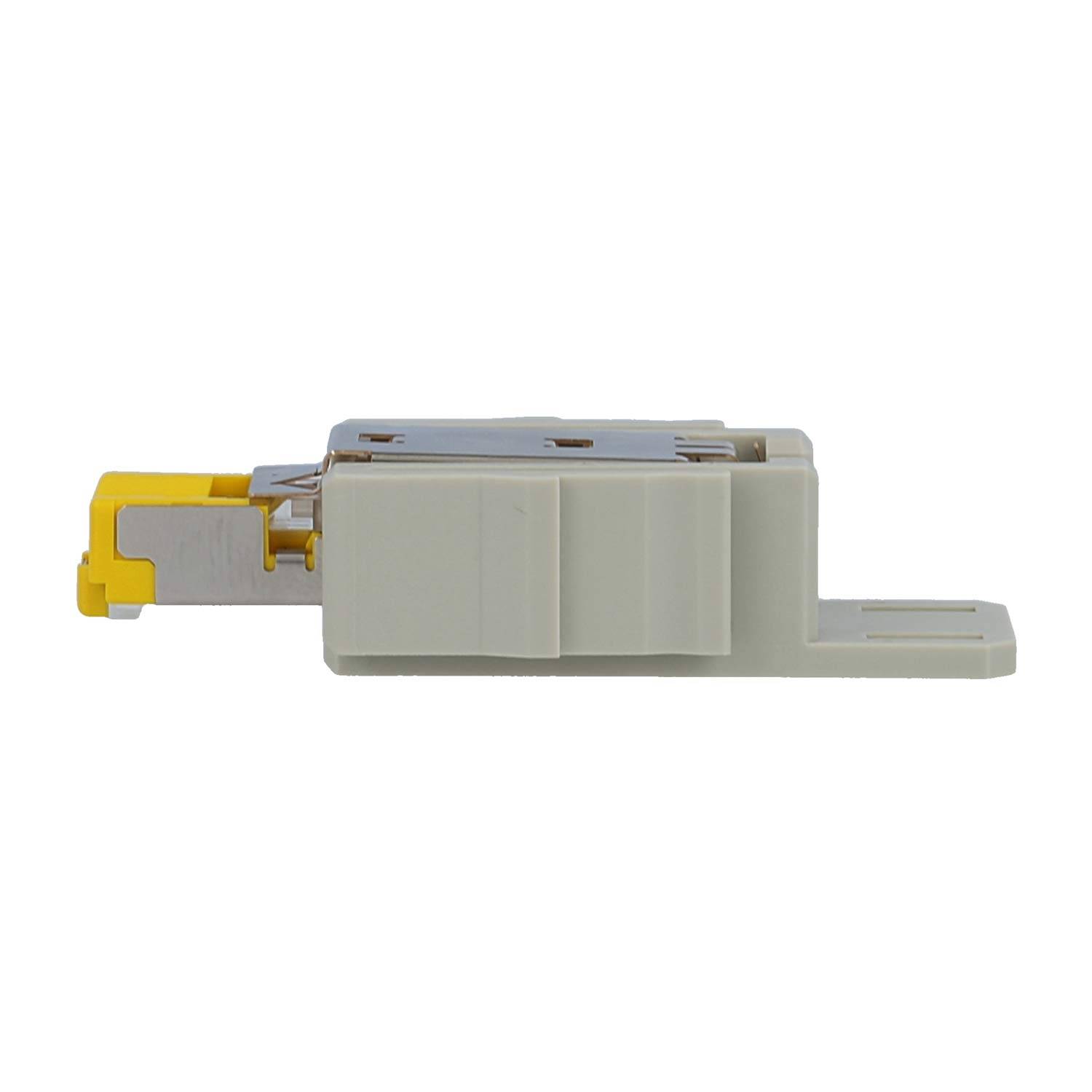 Seitenansicht eines kleinen grau-gelben Kunststoff-Elektronik-Steckers oder Patronenadapters auf weißem Hintergrund.