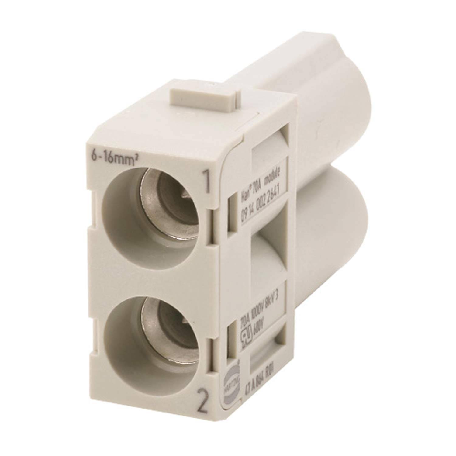 Weißer elektrischer Anschlussklemmenblock mit zwei vorderen Anschlüssen mit den Bezeichnungen 1 und 2 und der Markierung „6-16mm²", freigestellt auf weißem Hintergrund