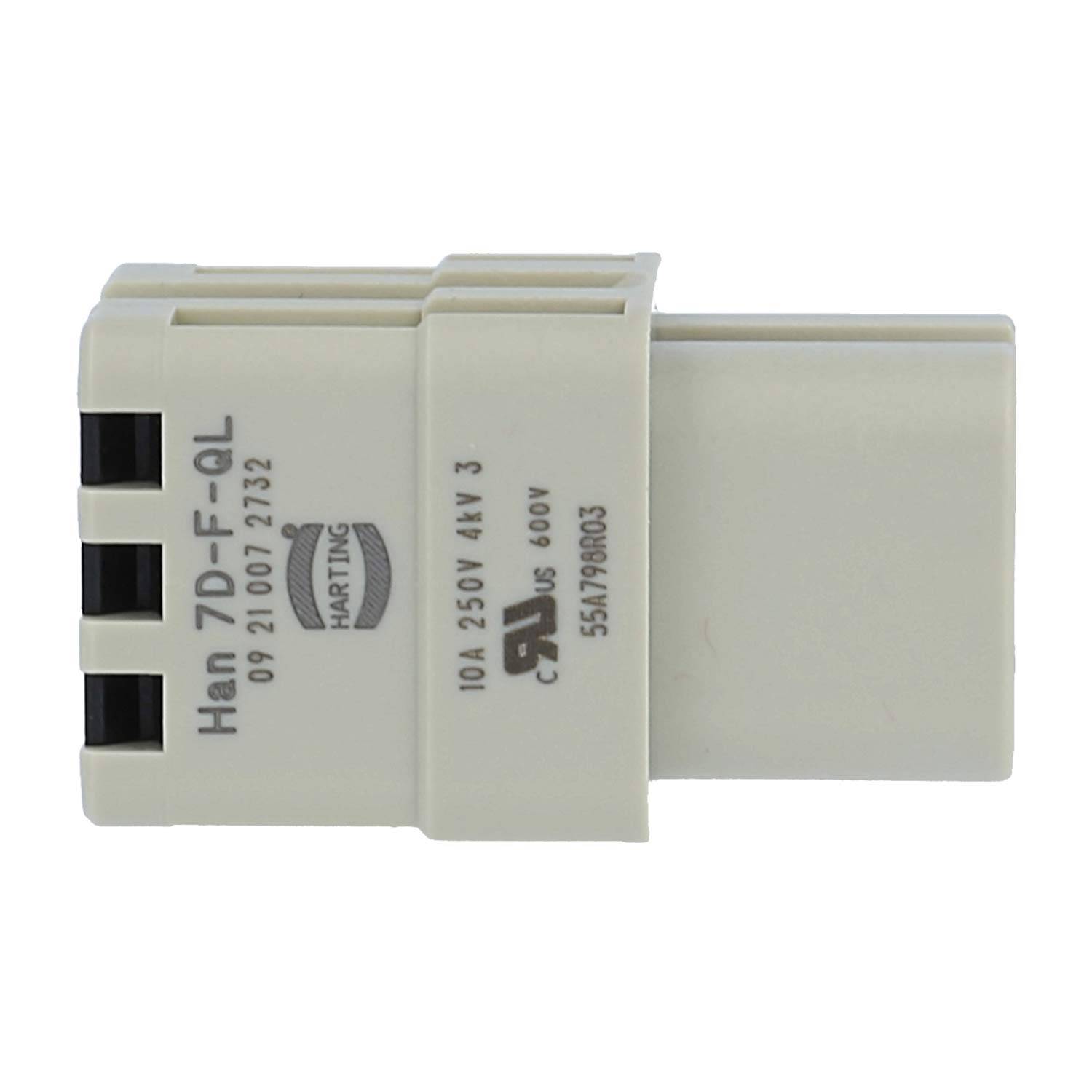 Weißer Elektroanschluss mit der Bezeichnung „Han 7D-F-QL
