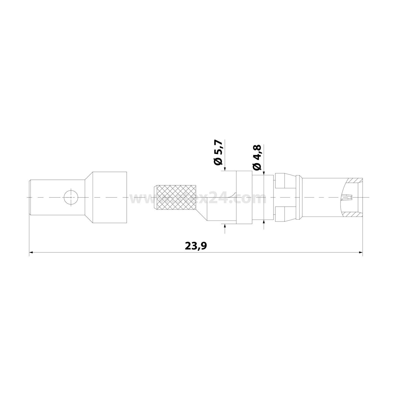 Technische Zeichnung eines zylindrischen Steckverbinderadapters, Seitenansicht mit den Abmessungen 23,9 Länge, Durchmessern 5,7 und 4,8 und geriffeltem Griffbereich.