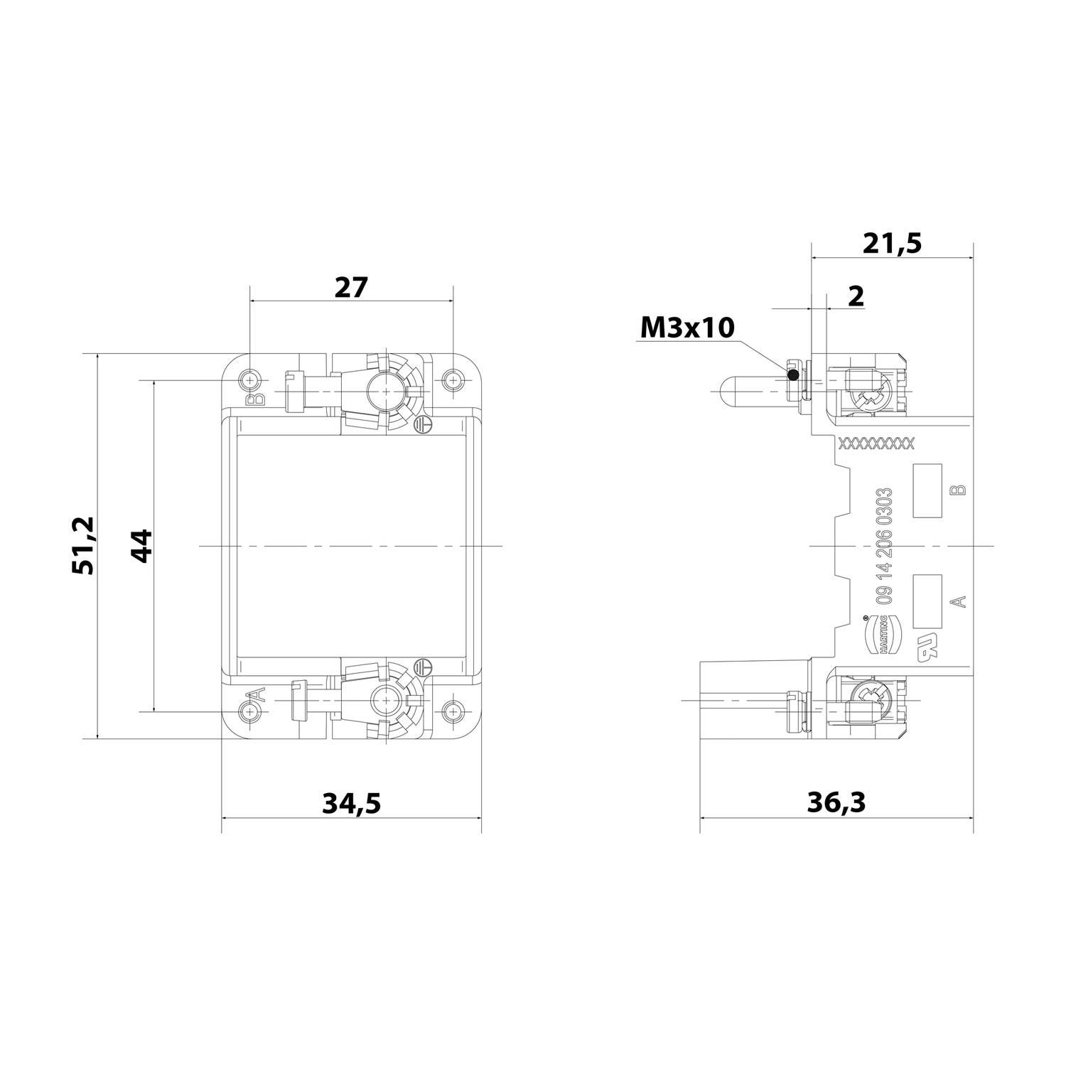 HARTING Han HMC Gelenkrahmen (M), Baugröße 6B Stift, für 2 Module Querschnitt PE 1mm² - 2,5mm² / 4mm² - 10mm²