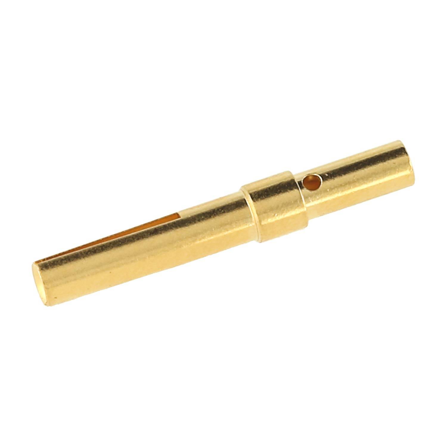 Goldener zylindrischer Metallverbinderstift mit einem Seitenloch, isoliert auf weißem Hintergrund dargestellt.