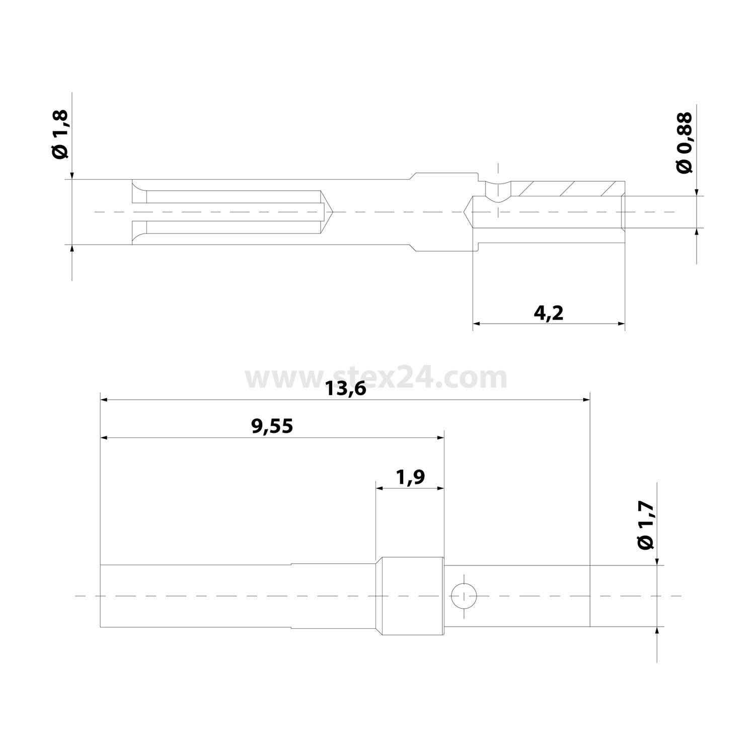 Technische Zeichnung eines kleinen zylindrischen Bauteils mit zwei Ansichten und beschrifteten Abmessungen 13,6; 9,55; 4,2; 1,9; Ø1,8; Ø0,88; und Ø1,7.