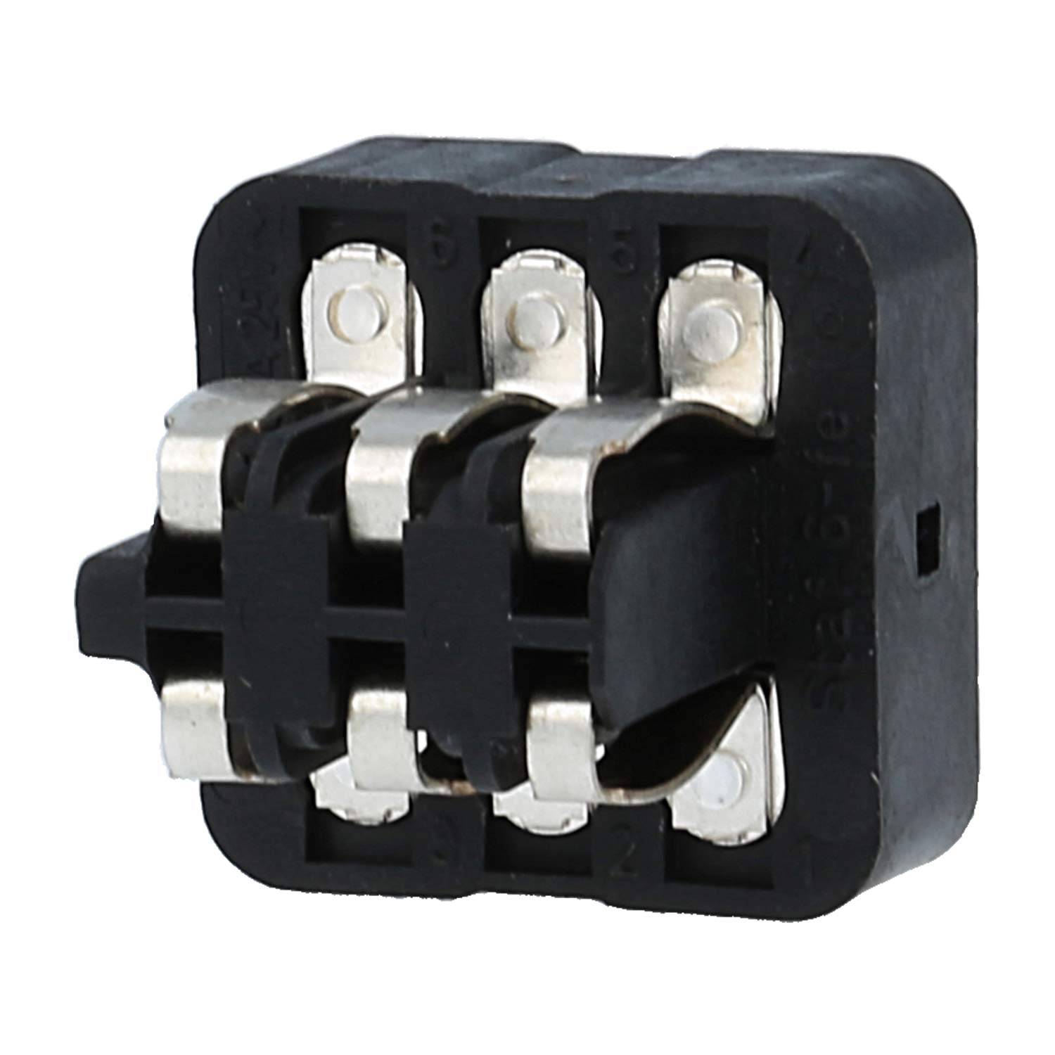 Schwarze dreipolige Elektrosteckdose mit Metallkontakten, shown on a white background.