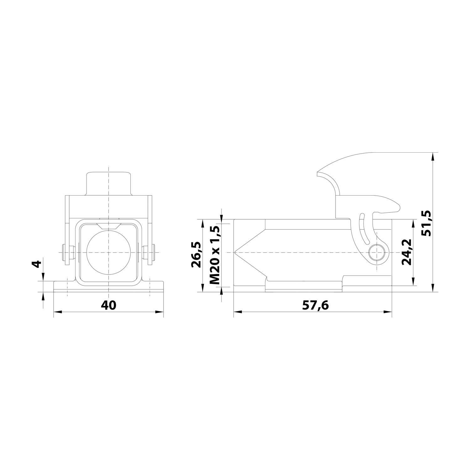 HARTING Han 3A EMV Sockelgehäuse mit offenem Boden, 1xM20 gerader Kabelabgang, mit 1 Bügel EMV-Verschraubung M20