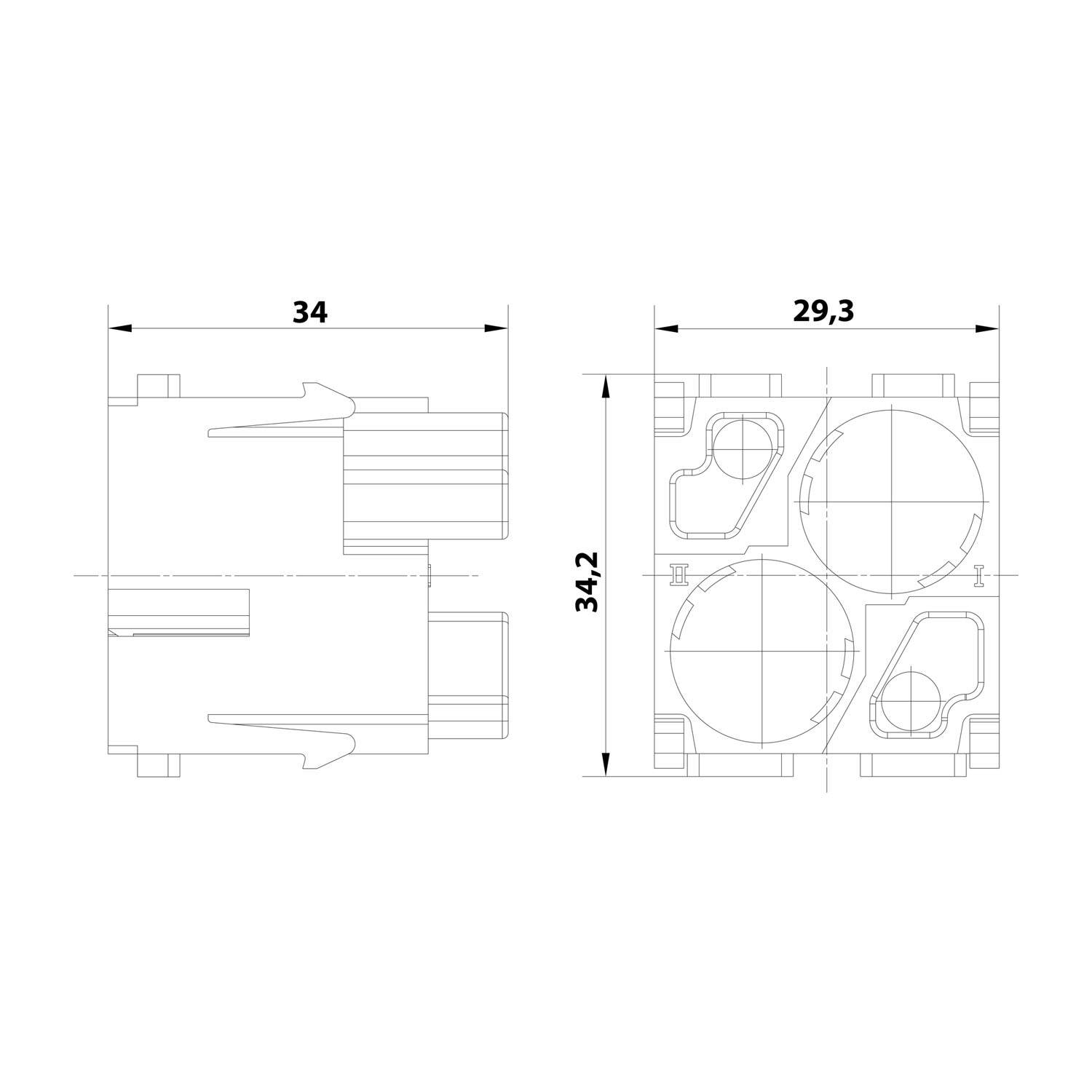 Technische Zeichnung eines kleinen mechanischen Bauteils in zwei Ansichten, mit den Maßen 34, 29,3 und 34,2 beschriftet.