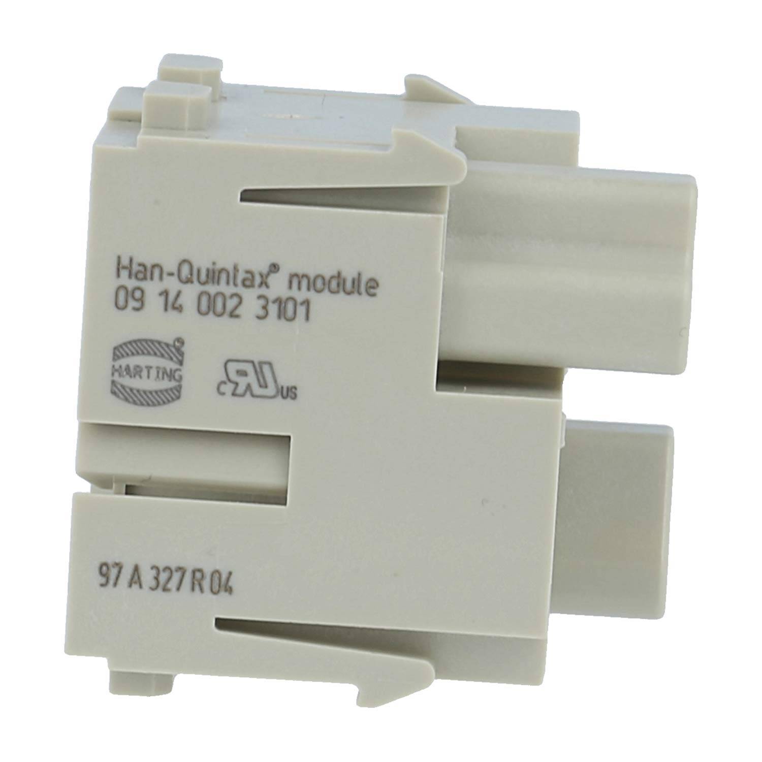 Nahaufnahme eines weißen Harting Han-Quintax Modulsteckverbinders mit der Bezeichnung „Han-Quintax module 09 14 002 3101