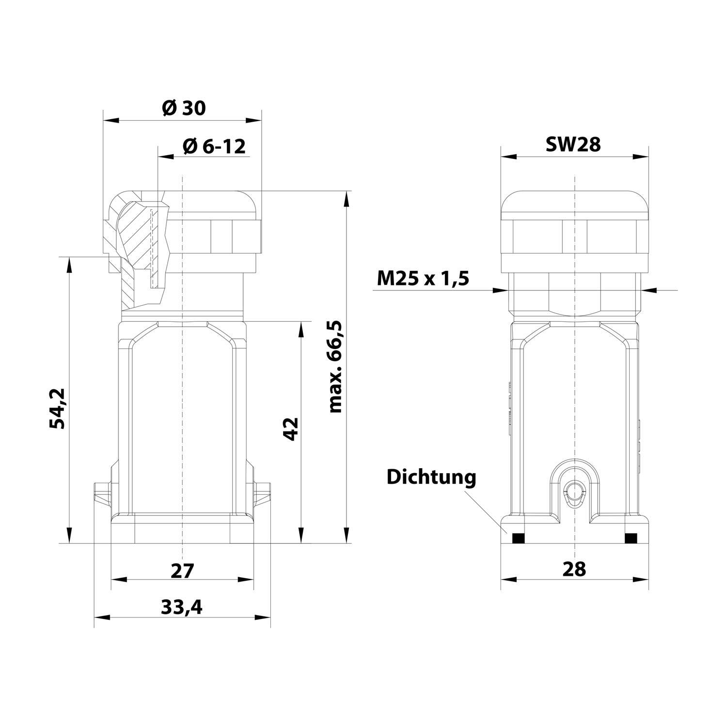 HARTING Han 3A Tüllengehäuse mit eingeklebter Dichtung, 1xM25 gerader Kabelabgang, für 1 Bügel (am Unterteil)