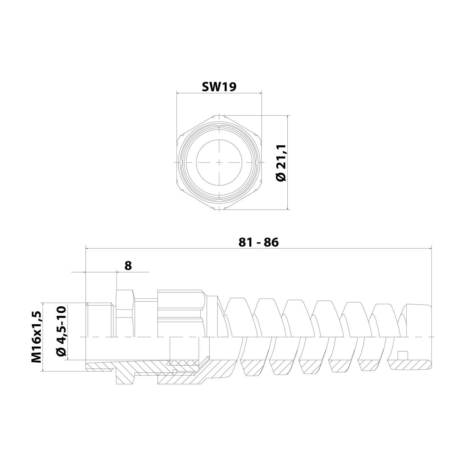 Technische Maßzeichnung einer Sechskantschraube mit Gewindelauf, gekennzeichnet mit SW19, Ø21,1, M16x1,5, Ø4,5-10, 8 und Gesamtlänge 81-86.